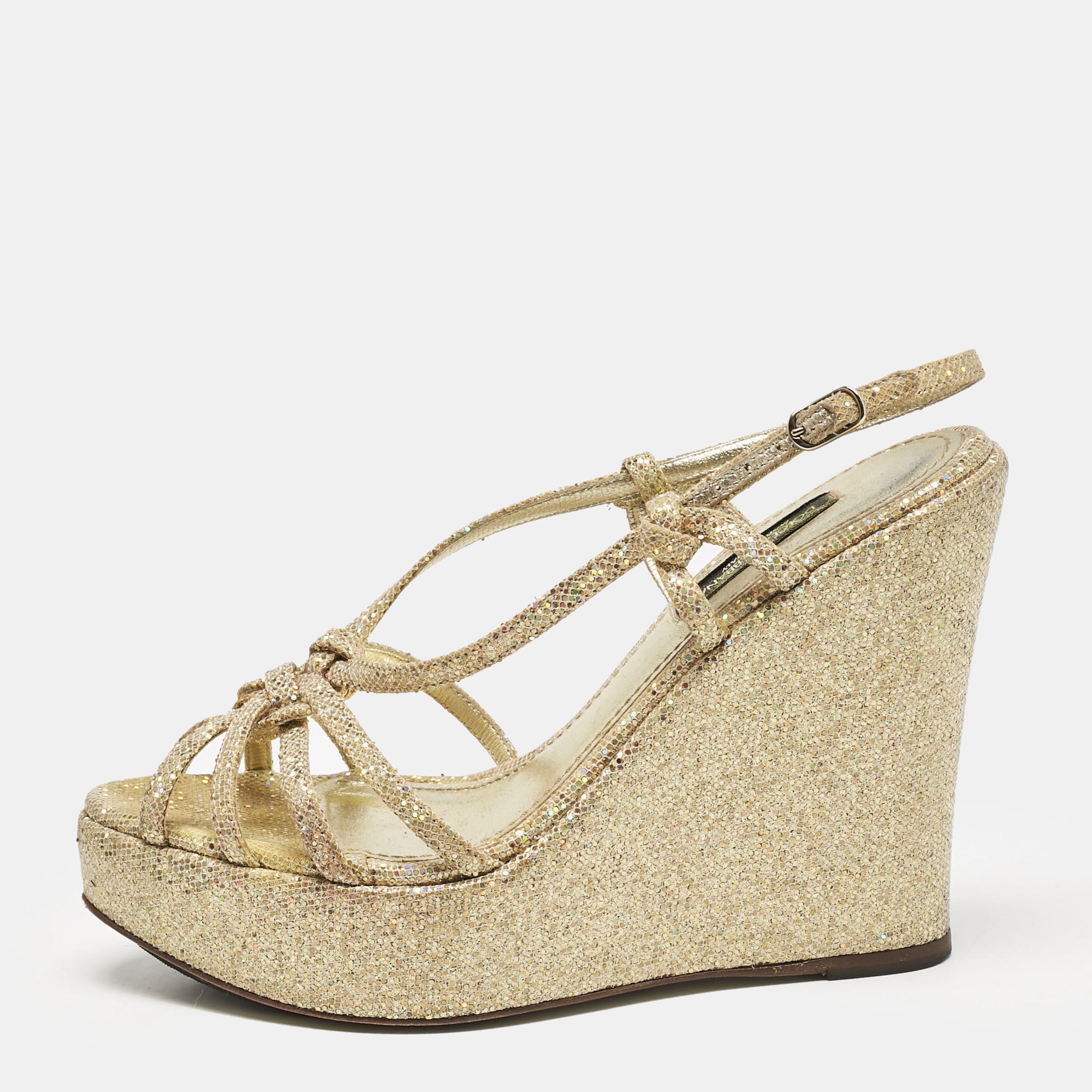 

Dolce & Gabbana Gold Glitter and Canvas Wedge Sandals Size