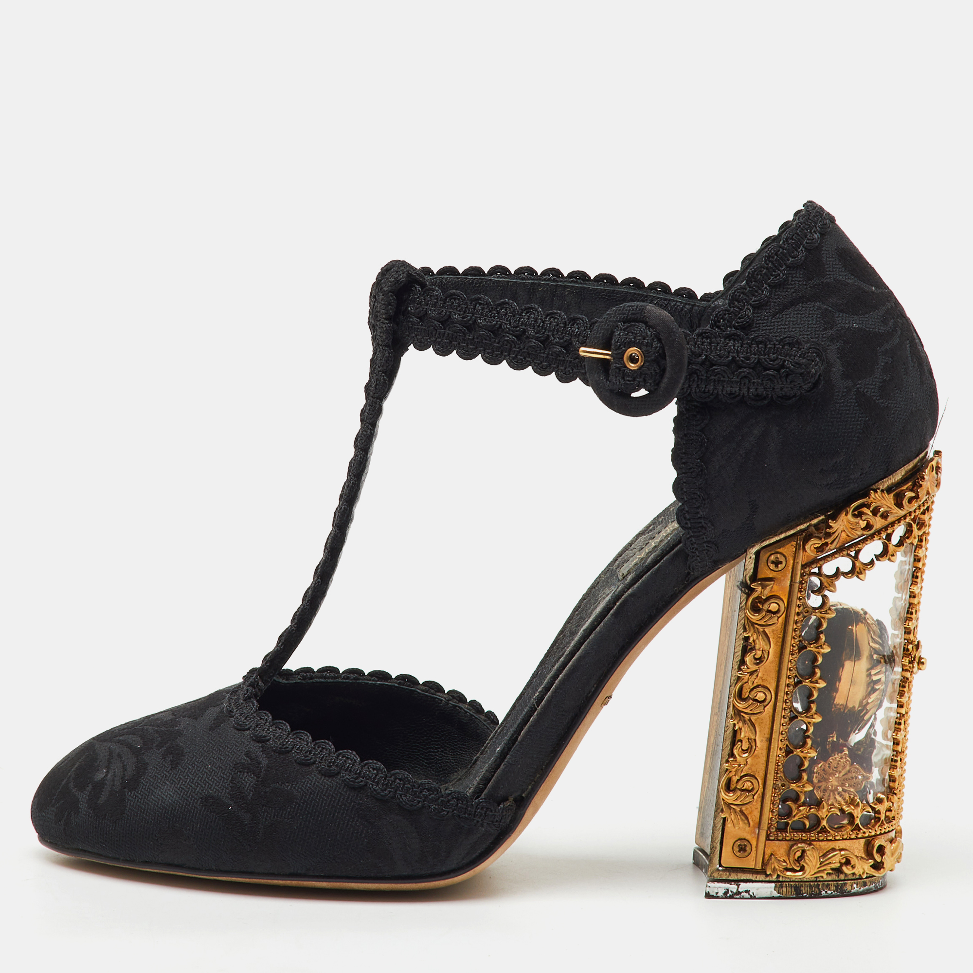 

Dolce & Gabbana Black Brocade Fabric Sacred Heart T-Strap Pumps Size