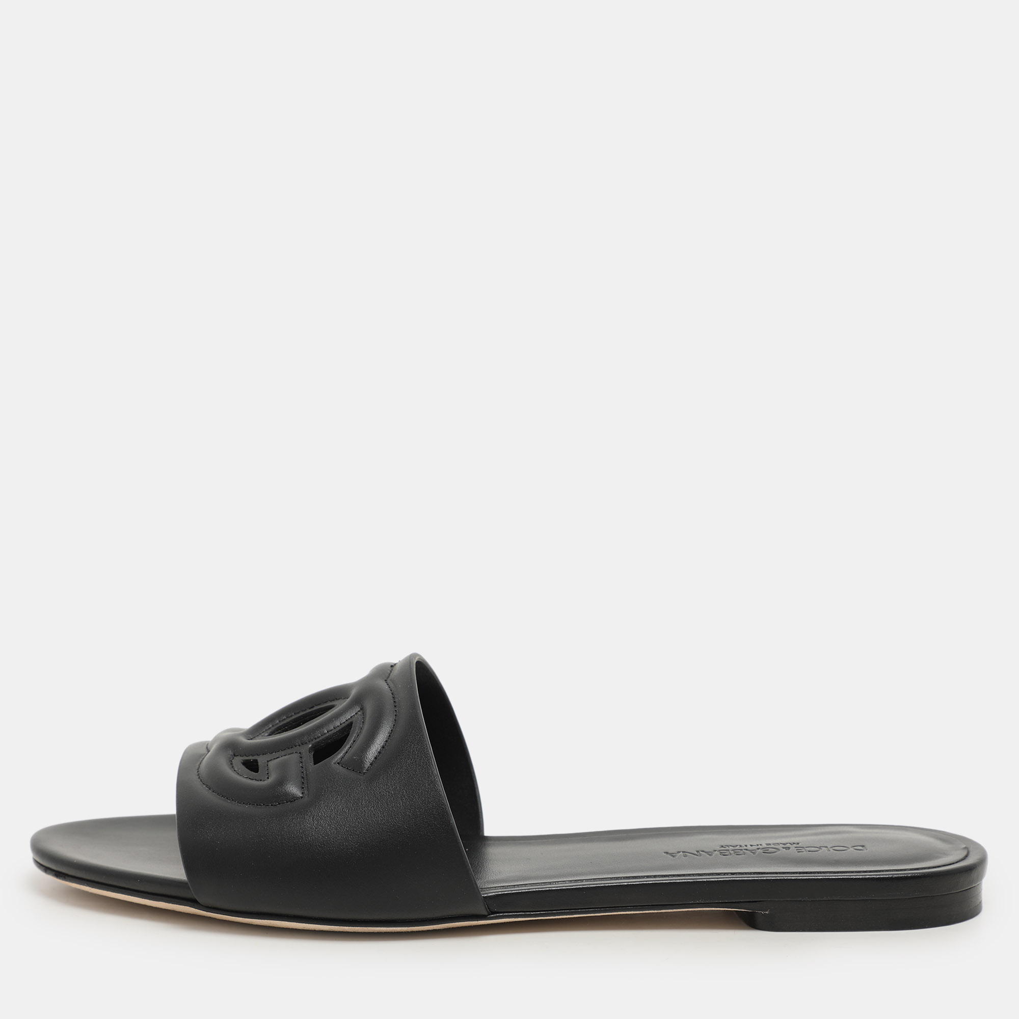

Dolce & Gabbana Black Leather DG Logo Flat Slides Size