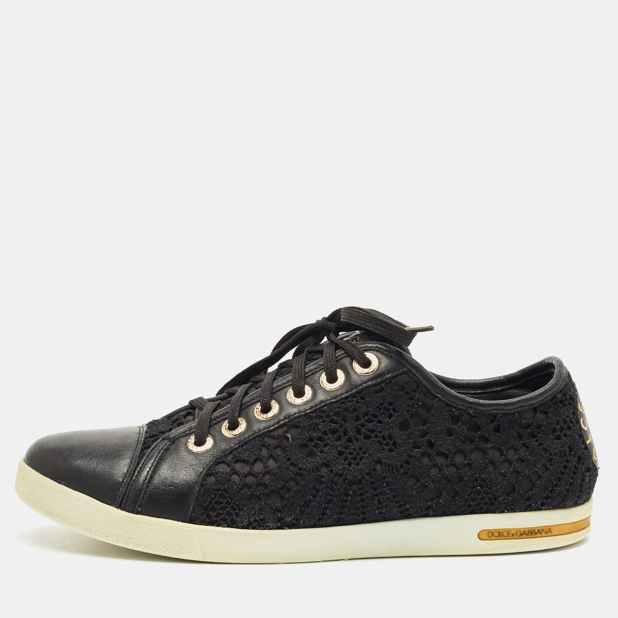 

Dolce & Gabbana Black Lace and Leather Lace Up Sneakers Size