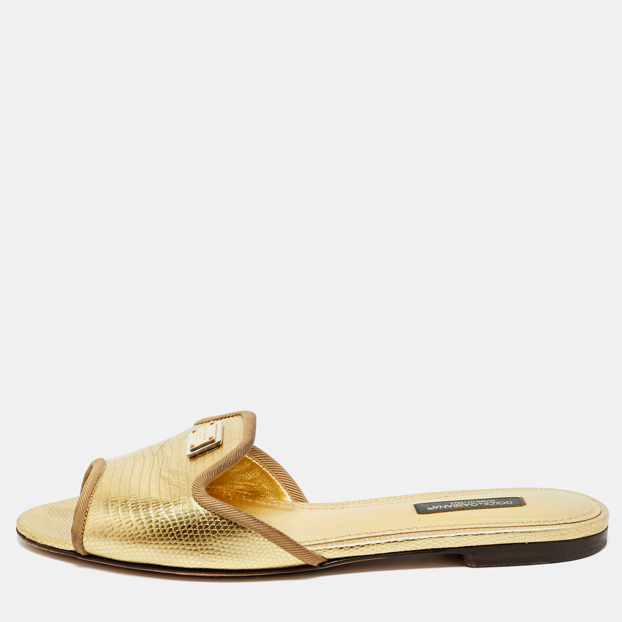 

Dolce & Gabbana Gold Lizard Embossed Leather Flat Slides Size