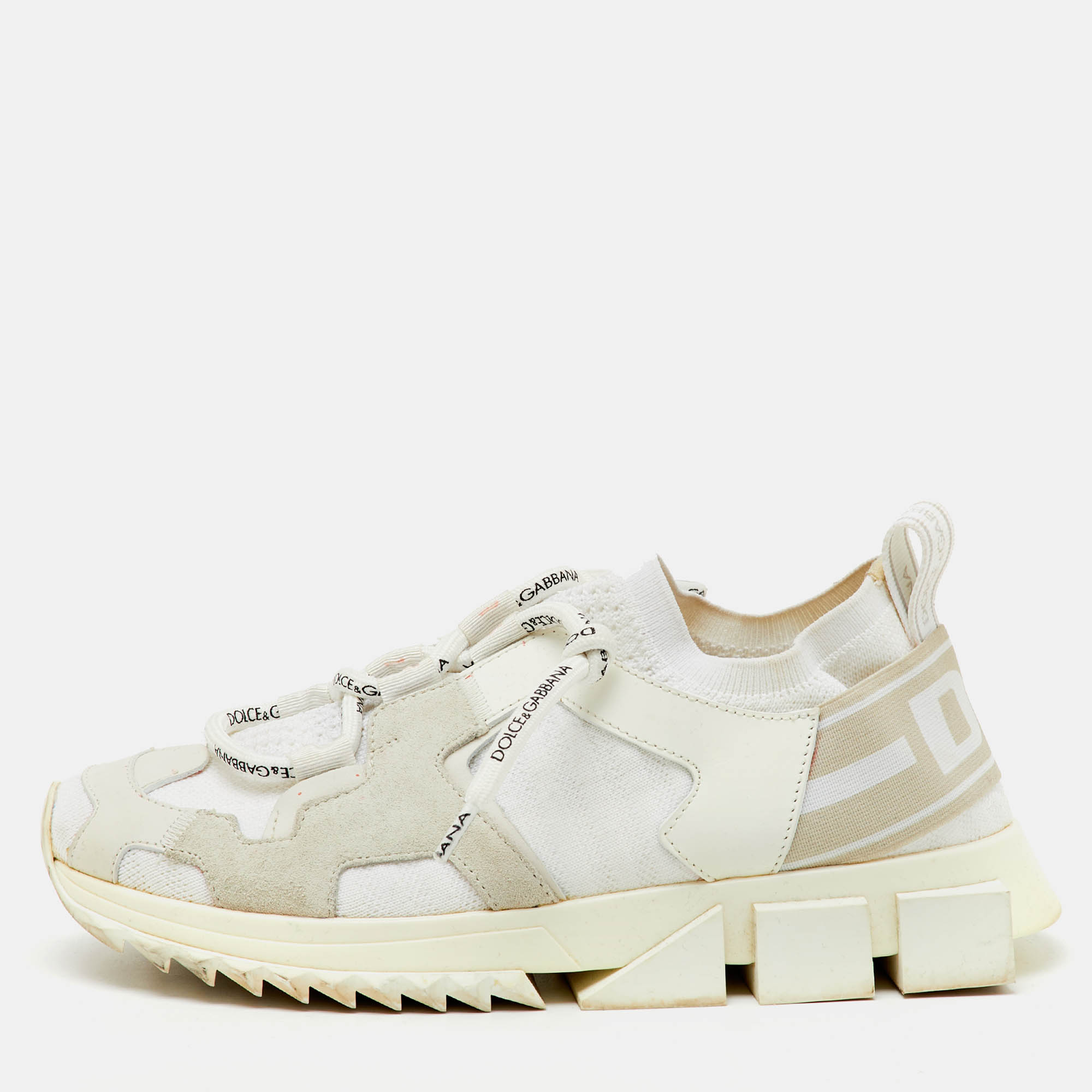 Pre-owned Dolce & Gabbana White Knit Fabric Suede And Leather Sorrento Lace Up Sneakers Size 36