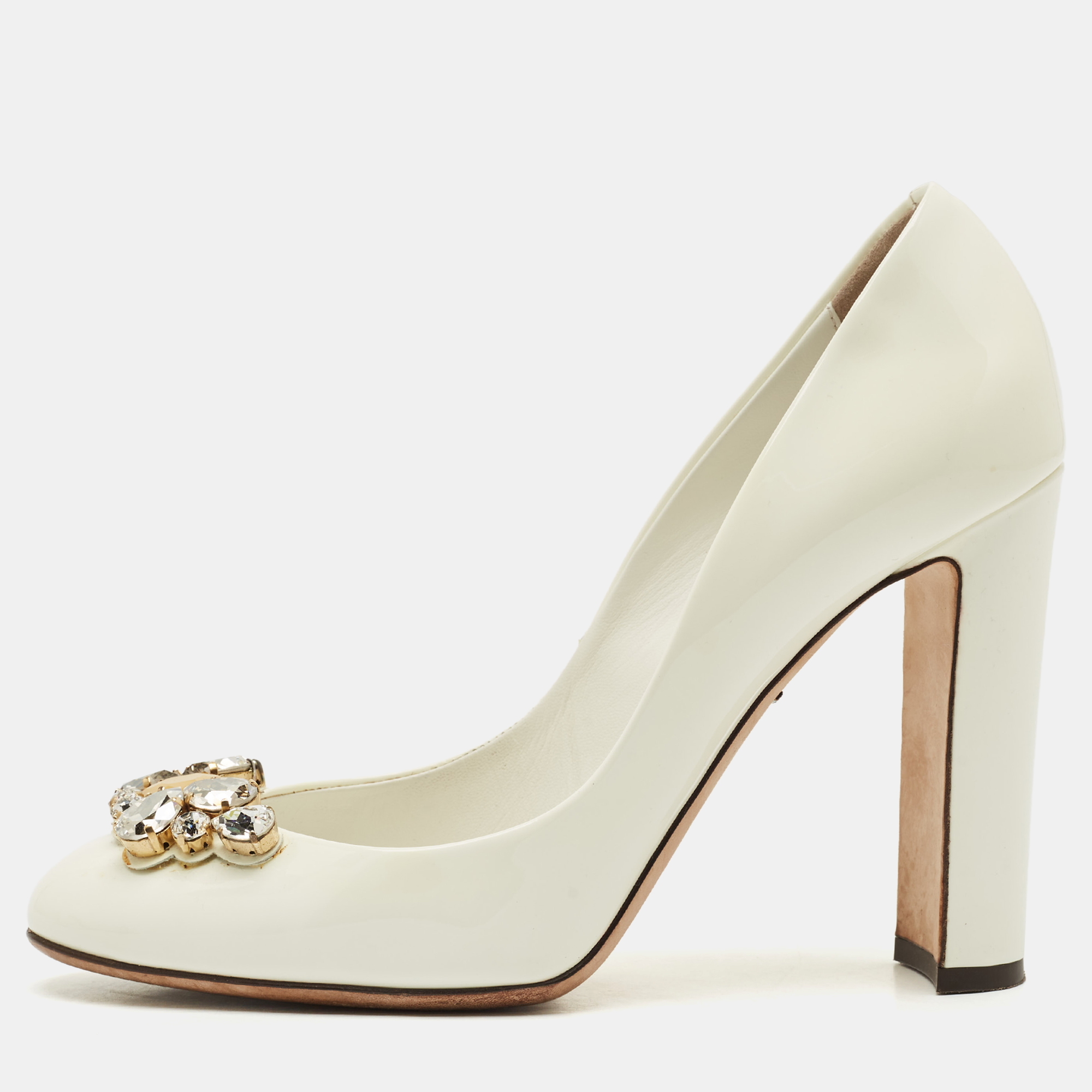 

Dolce & Gabbana White Patent Leather Crystal Embellished Block Heel Pumps Size
