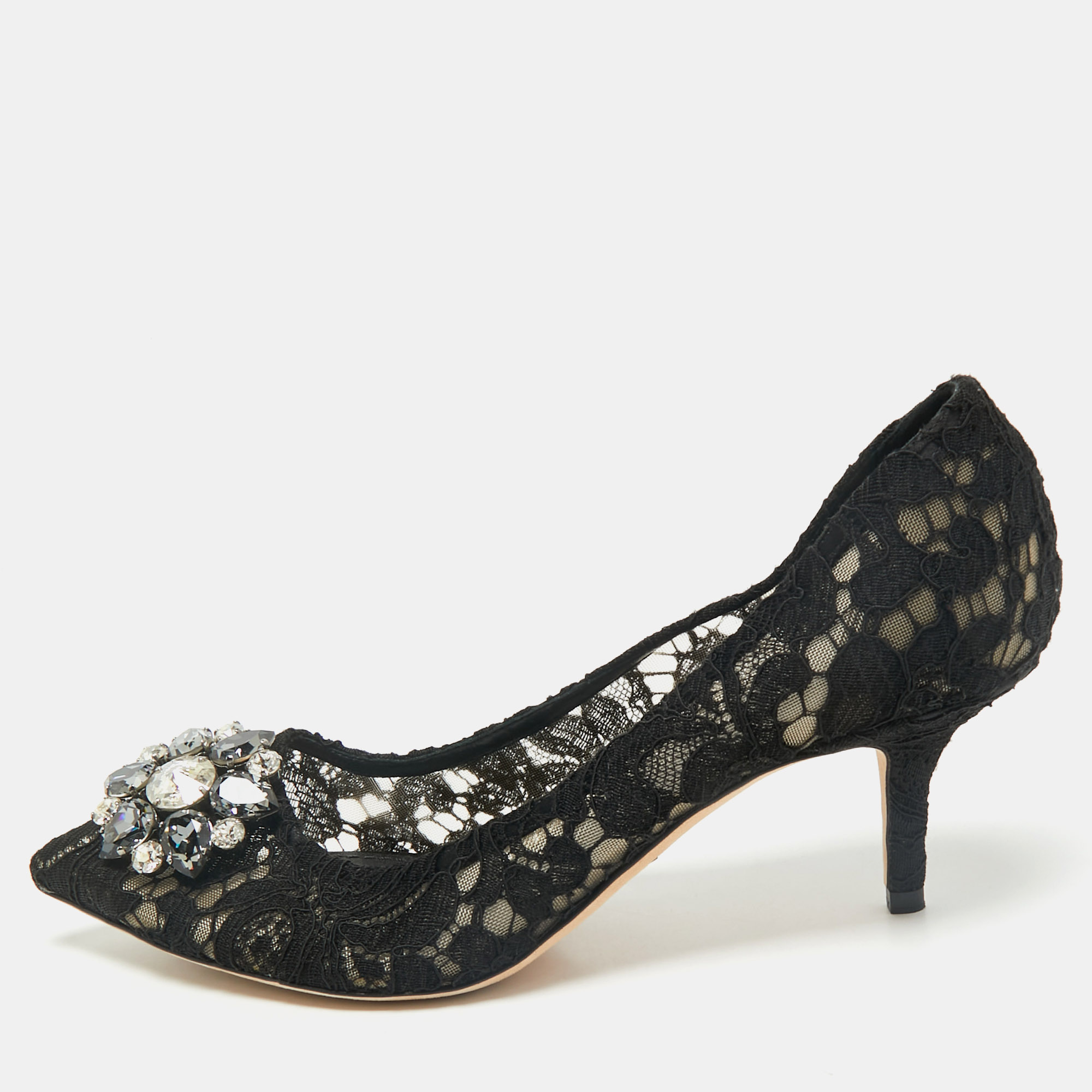 

Dolce & Gabbana Black and Lace Bellucci Crystal Embellishment Pumps Size