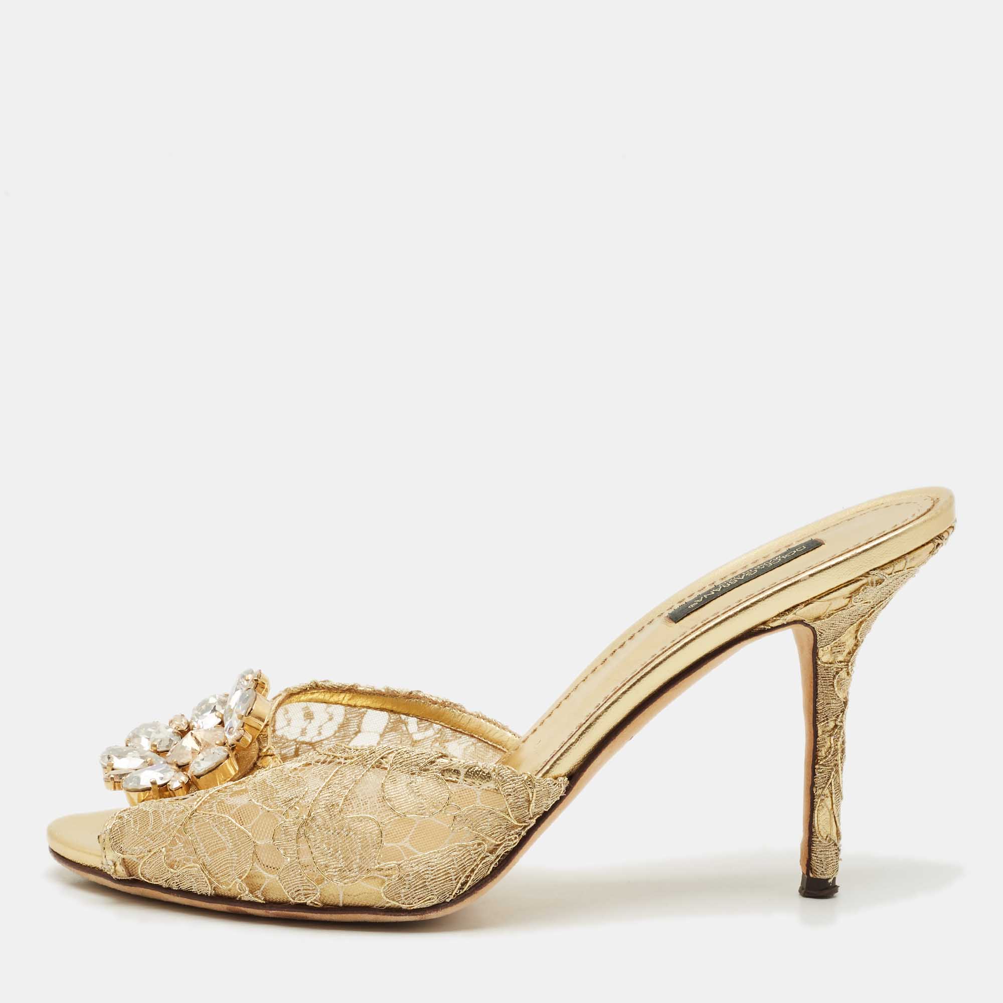 

Dolce & Gabbana Gold Lace And Mesh Crystal Embellished Keira Sandals Size