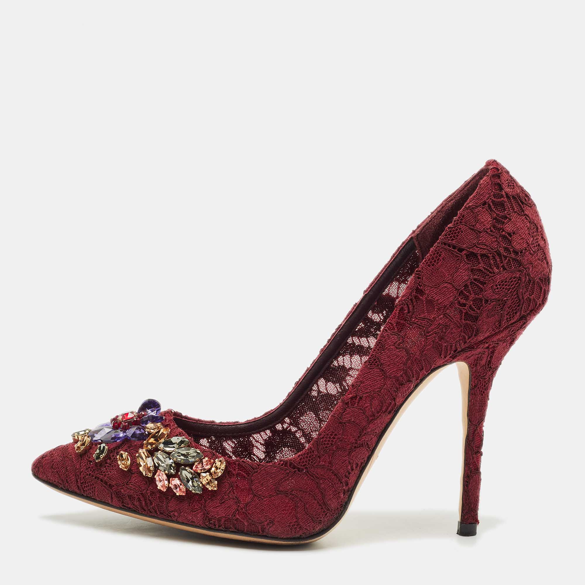 

Dolce & Gabbana Burgundy Lace Jewel Embellished Pumps Size