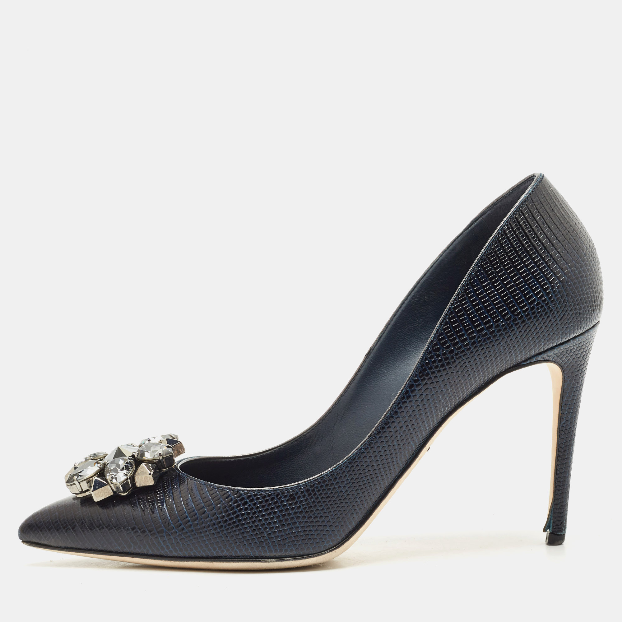 

Dolce & Gabbana Navy Blue Lizard Embossed Leather Bellucci Crystal Embellished Pumps Size
