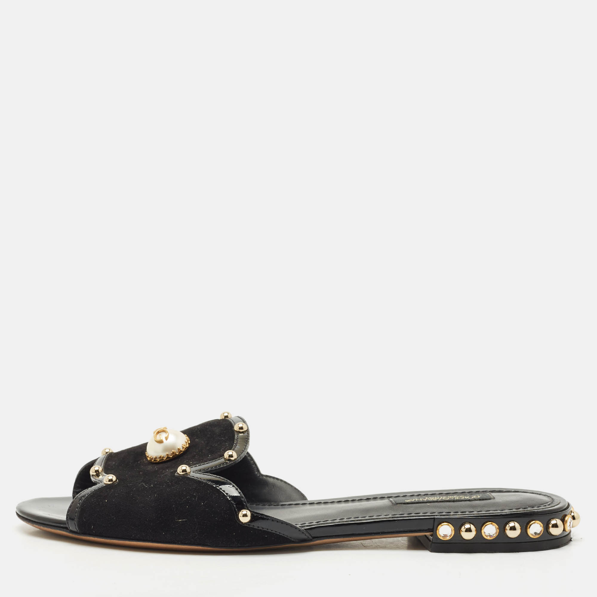 

Dolce & Gabbana Black Suede DG Pearl Studded Flat Slide Sandals Size