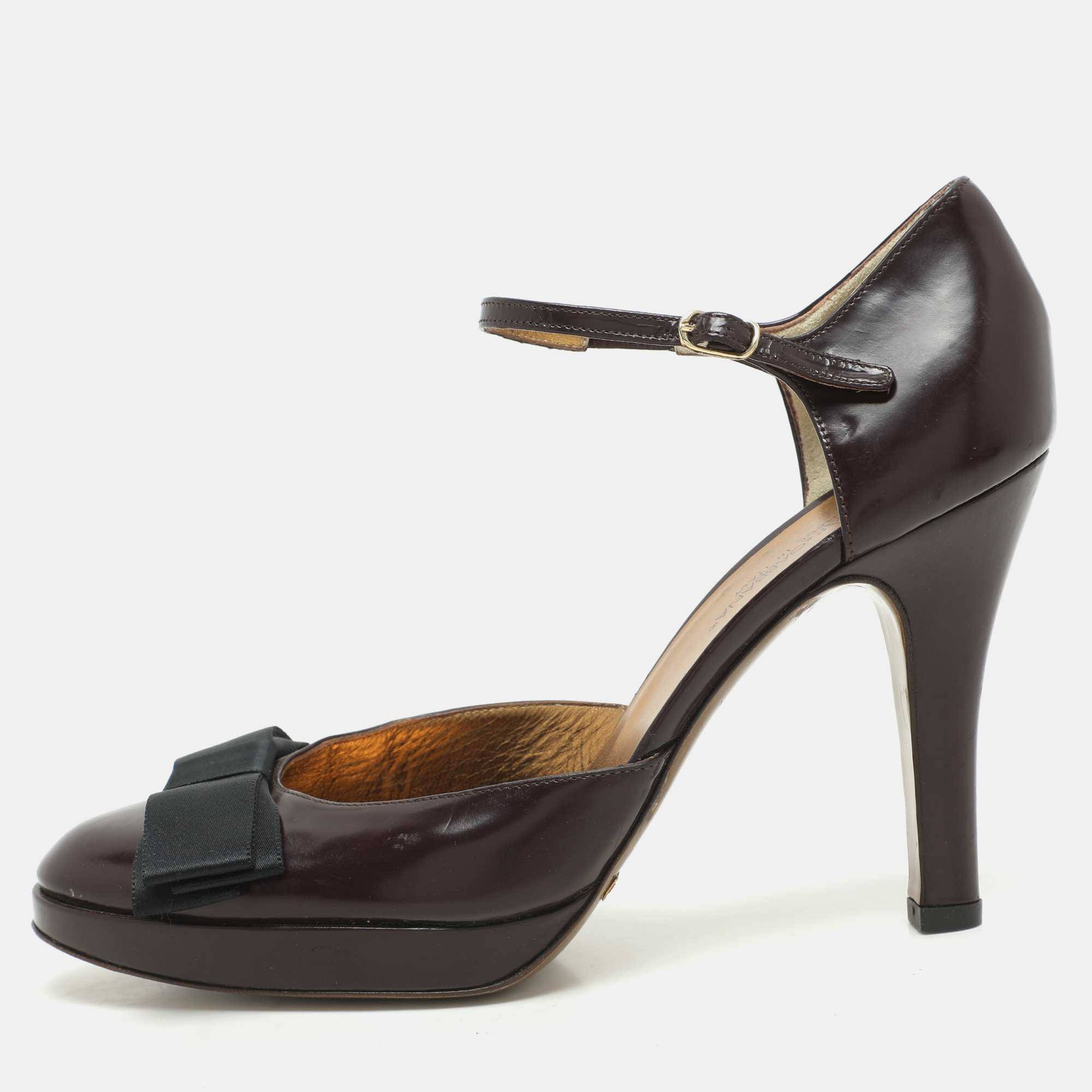 Pre-owned Dolce & Gabbana Burgundy/black Leather Bow D'orsay Ankle Strap Pumps Size 38.5