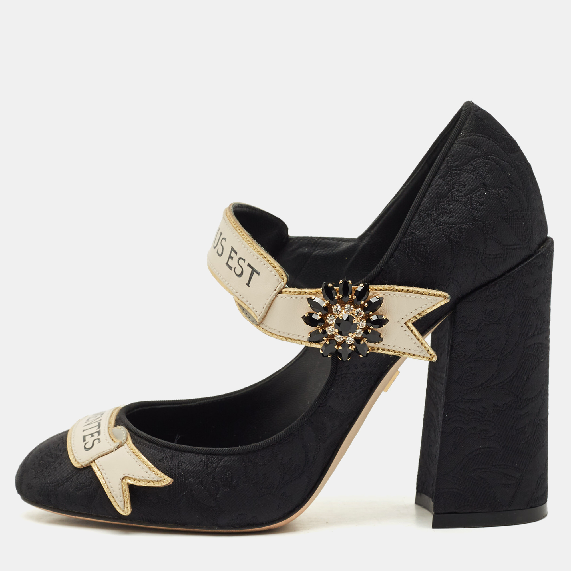 

Dolce & Gabbana Black Brocade Fabric and Leather Crystal Embellished Mary Jane Pumps Size