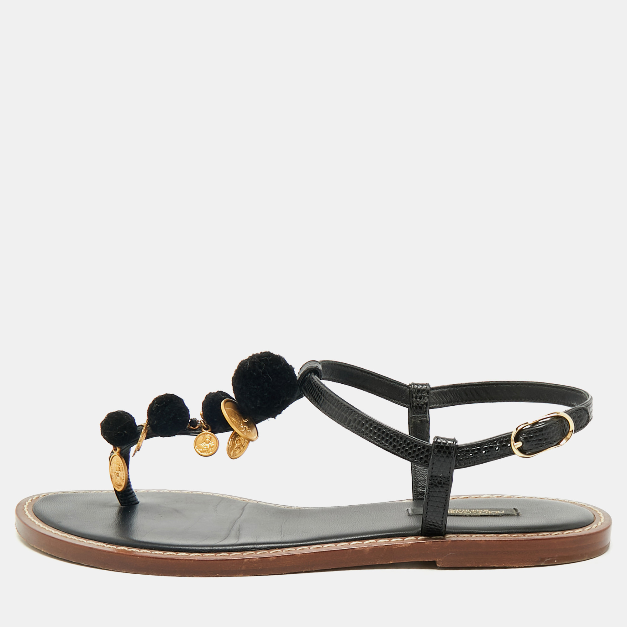 

Dolce & Gabbana Black Lizard Embossed Leather Embellished Thong Flats Size