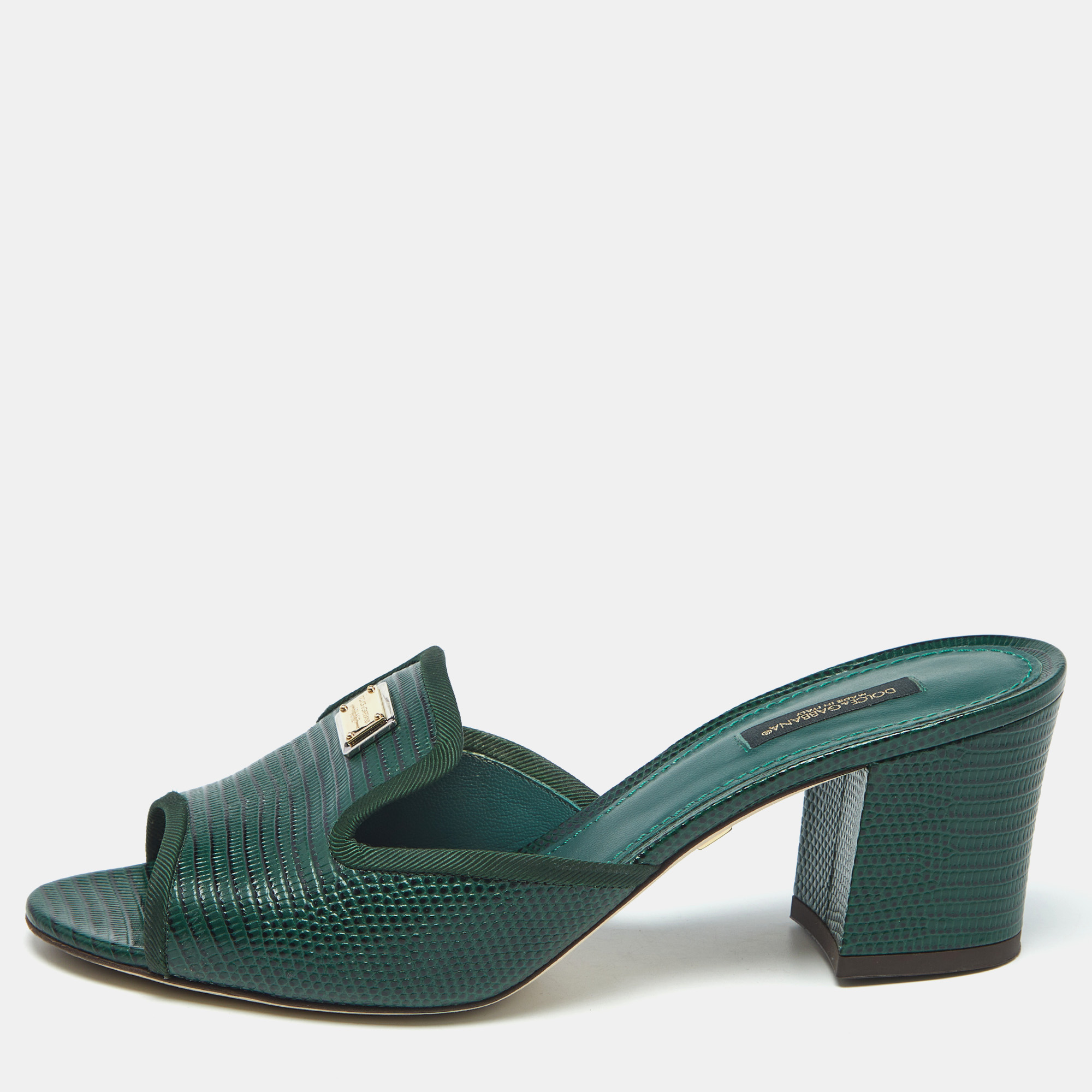 Pre-owned Dolce & Gabbana Dark Green Lizard Embossed Leather Logo Slide Sandals Size 40.5