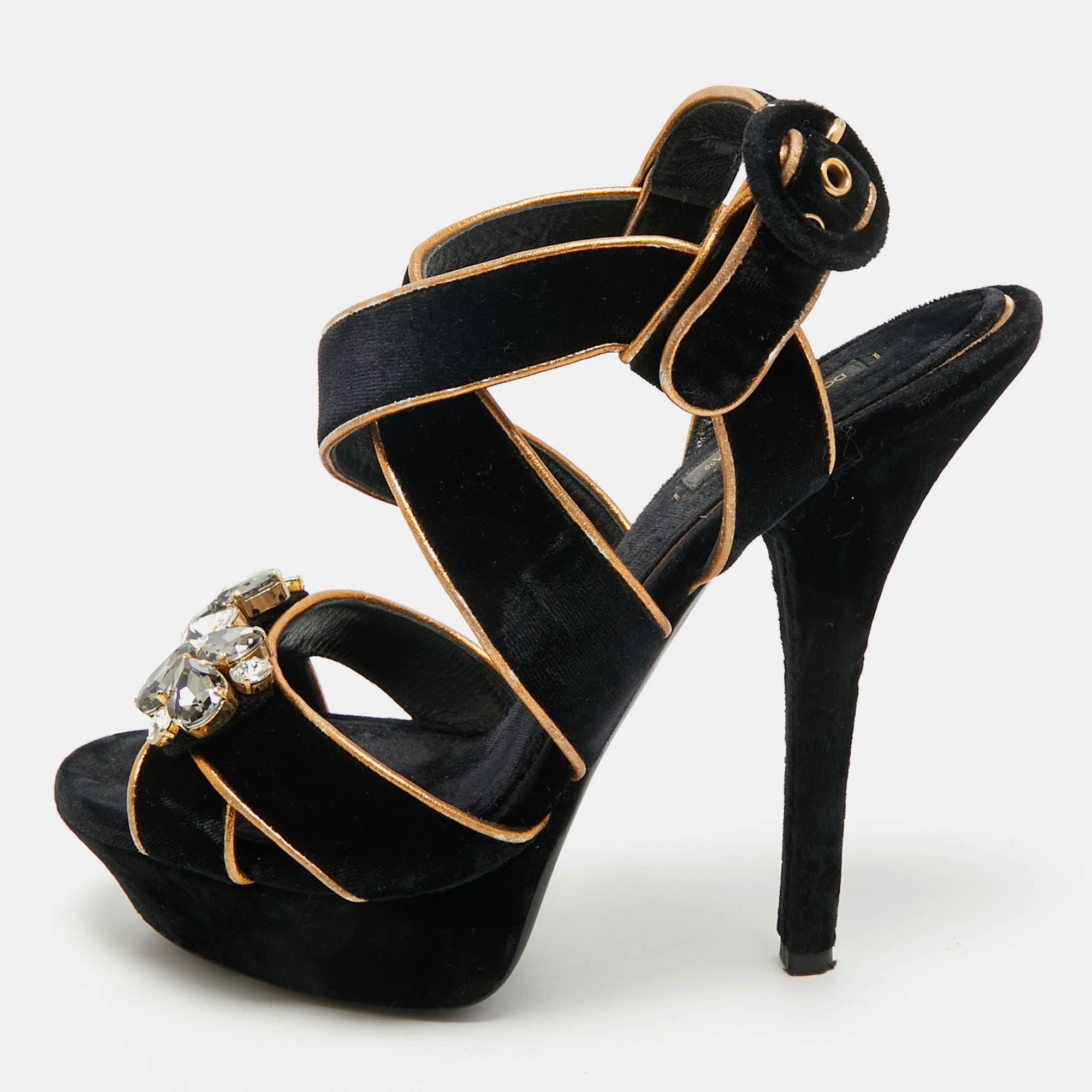 Pre-owned Dolce & Gabbana Black/gold Velvet And Leather Crystal Embellished Platform Sandals Size 39