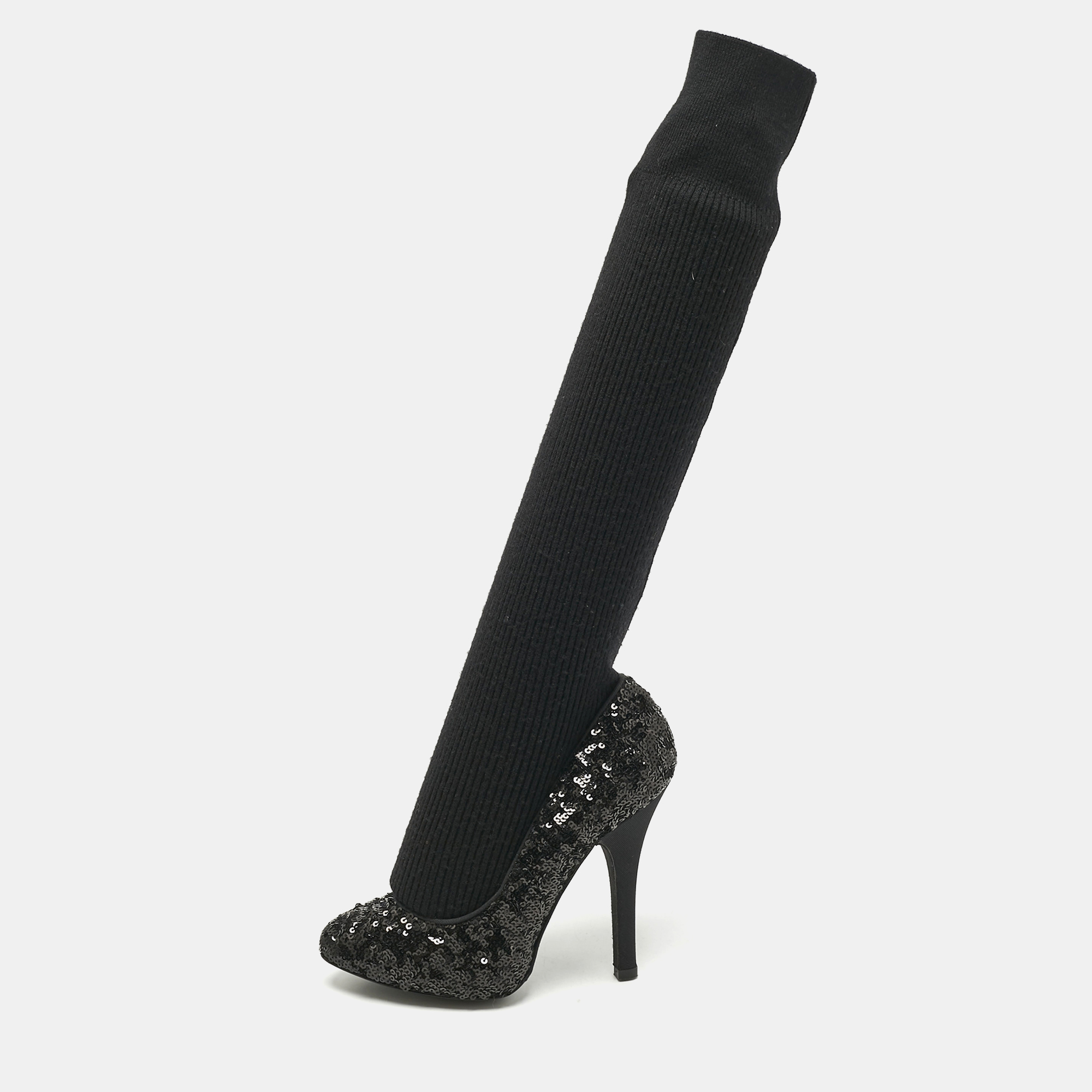 Pre-owned Dolce & Gabbana Black Sequin Platform Sock High Pumps Size 35