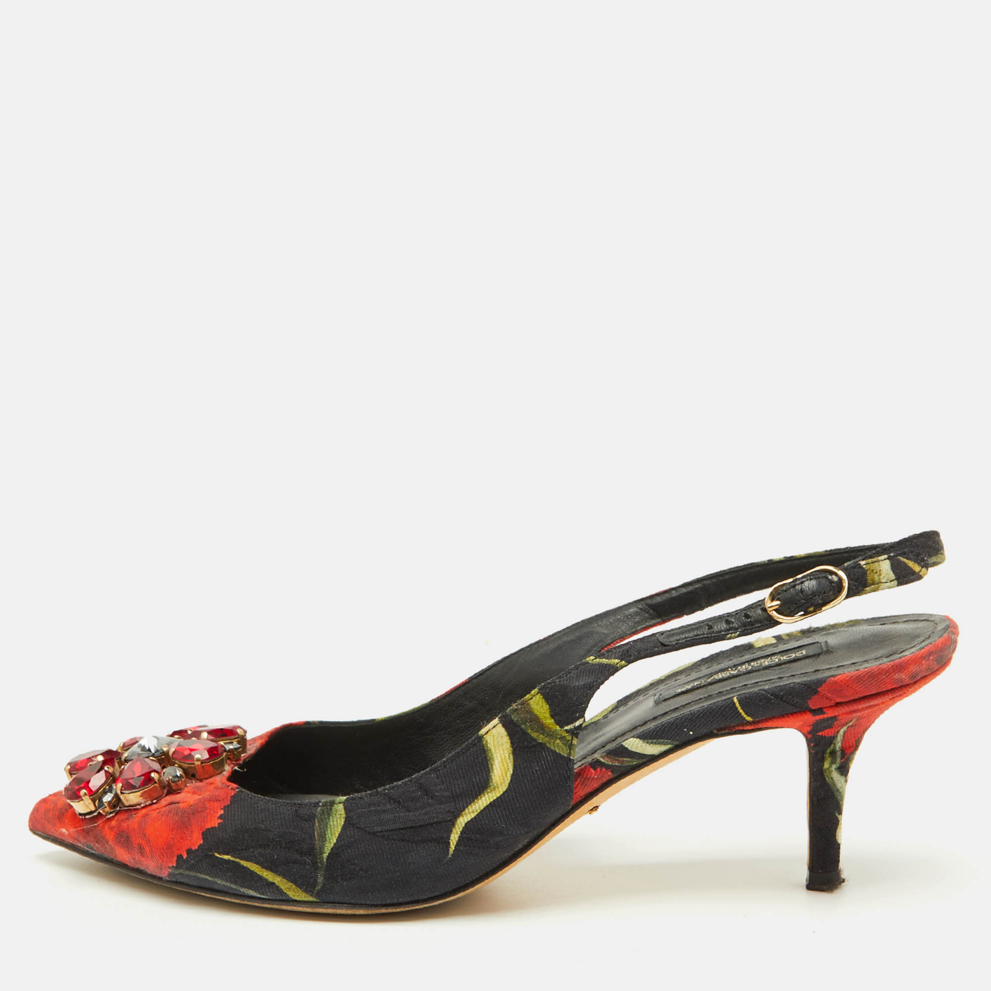 Pre-owned Dolce & Gabbana Black Brocade Floral Fabric Crystal Embellished Slingback Pumps Size 39.5