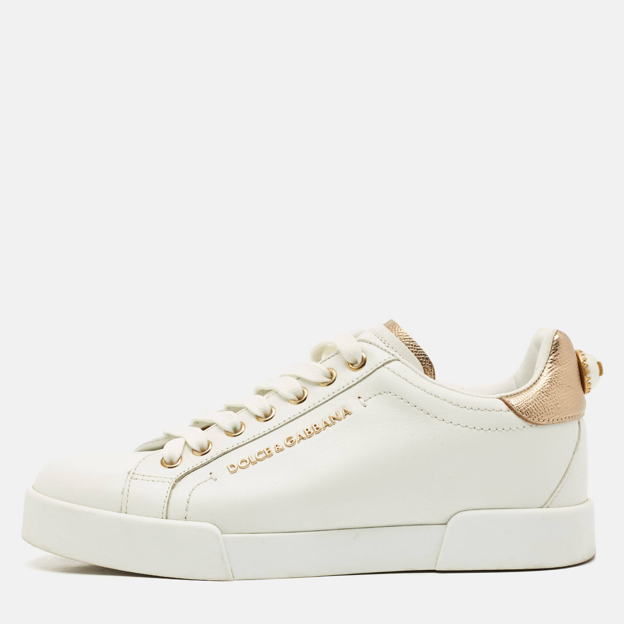 

Dolce & Gabbana White Leather Pearl Embellished Portofino Sneakers Size