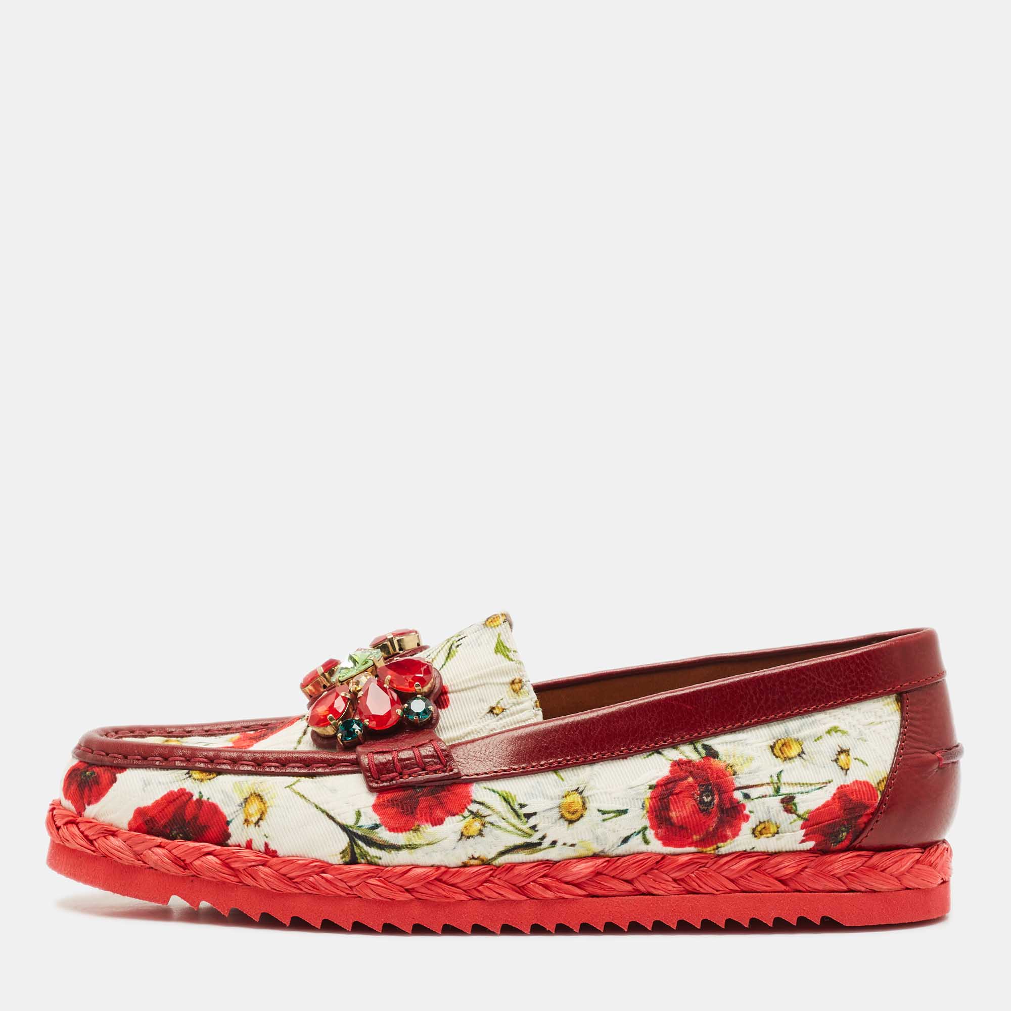 

Dolce & Gabbana Red Floral Print Canvas and Leather Palermo Loafers Size