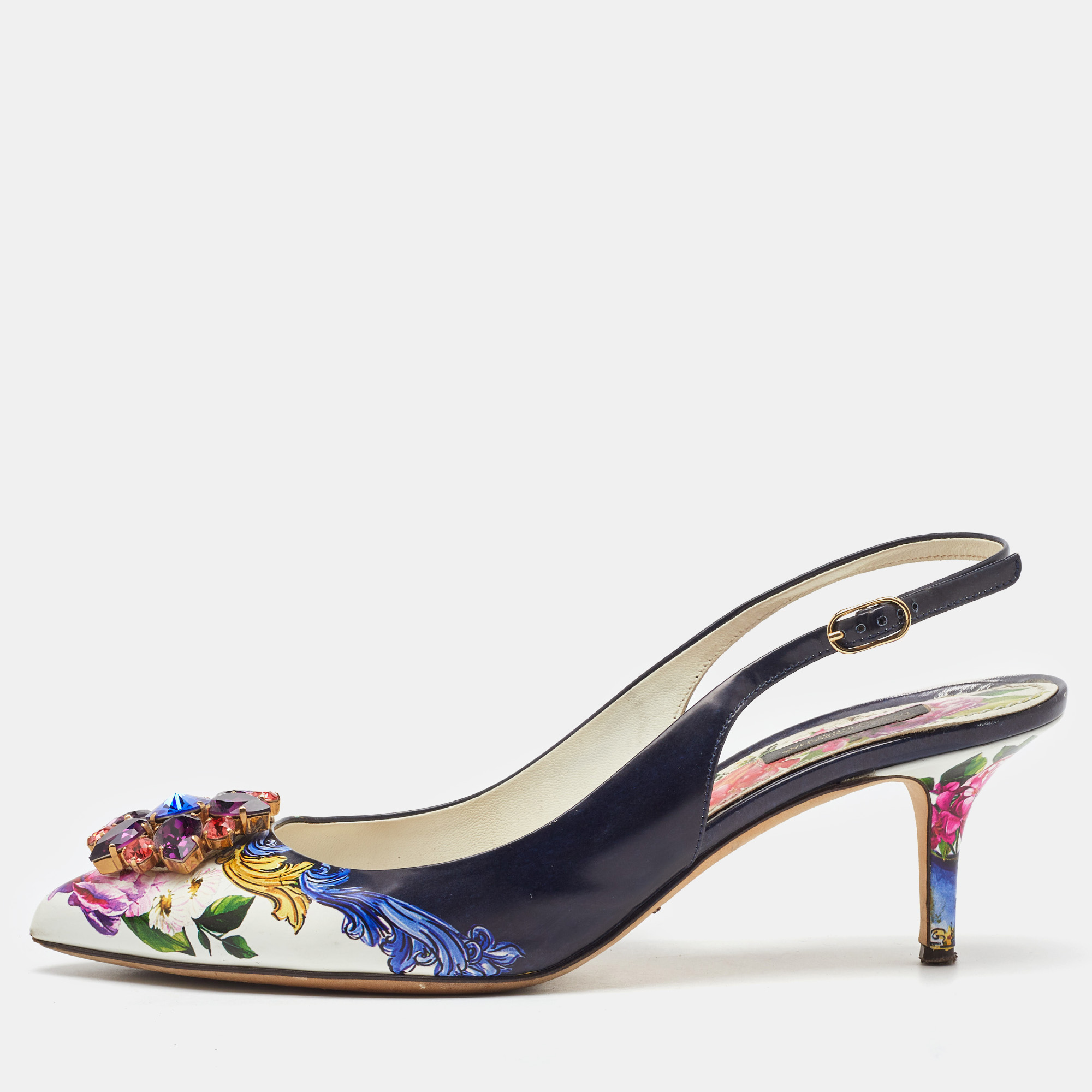 

Dolce & Gabbana Multicolor Printed Leather Crystal Embellished Slingback Pumps Size