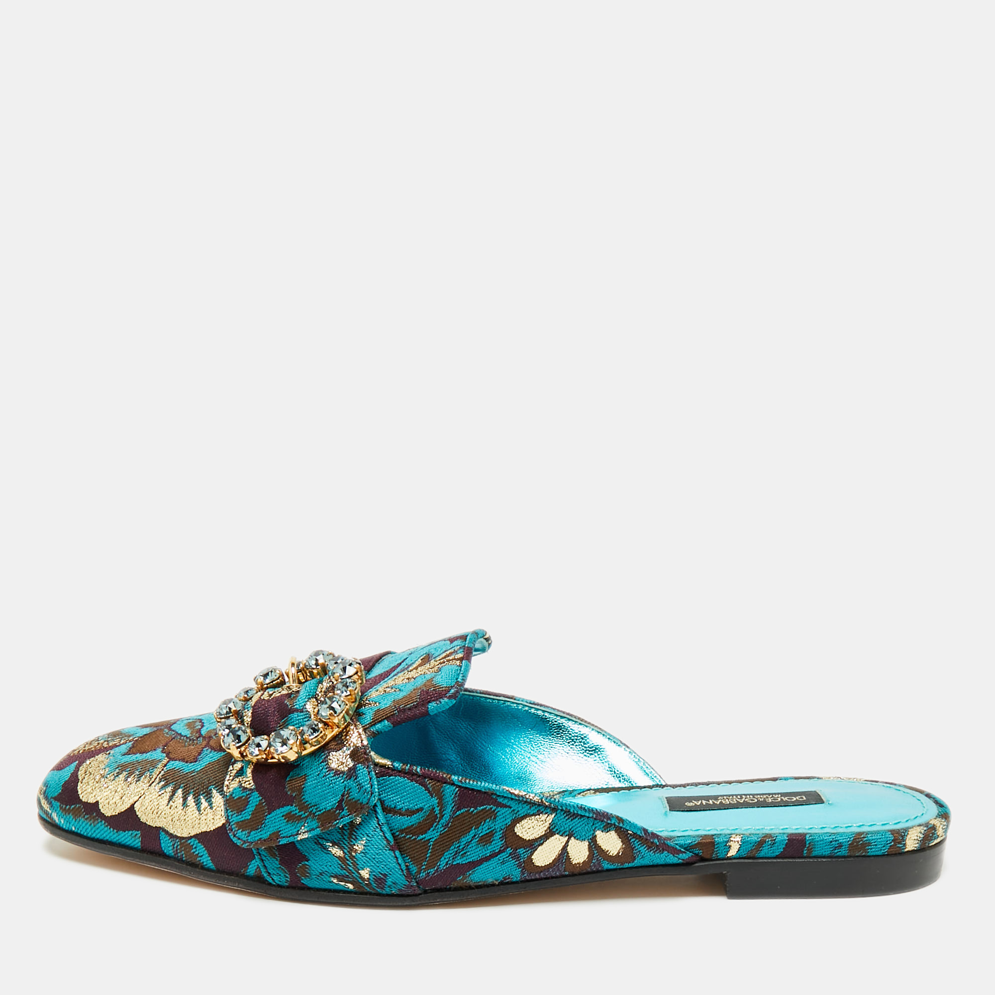 

Dolce & Gabbana Blue/Brown Brocade Fabric Crystal Embellished Flat Mules Size, Multicolor