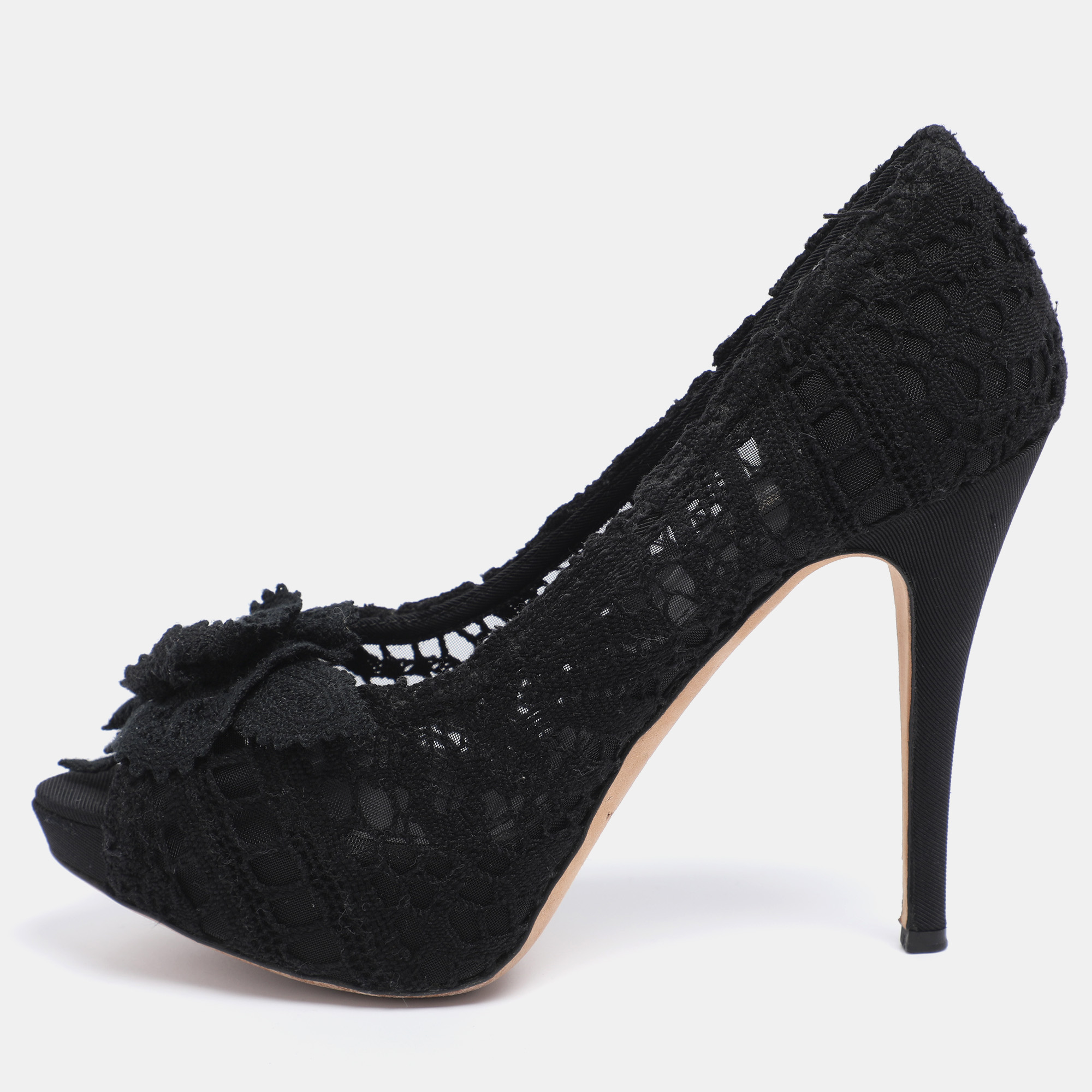 

Dolce & Gabbana Black Lace Flower Lace Embellished Platform Pumps Size 38