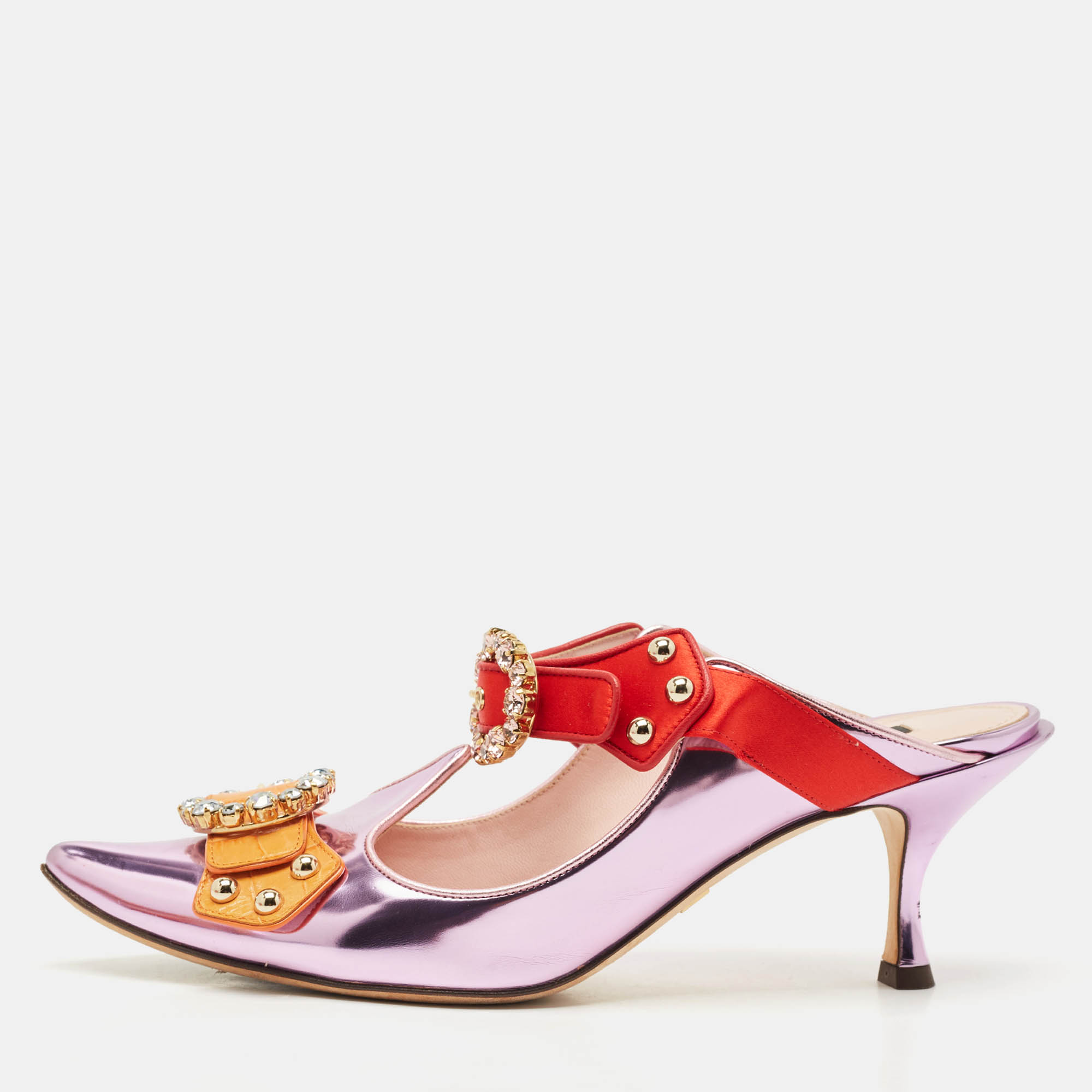 

Dolce & Gabbana Tricolor Leather Crystal Embellished Buckle Detail Ankle Strap Mules Size, Multicolor