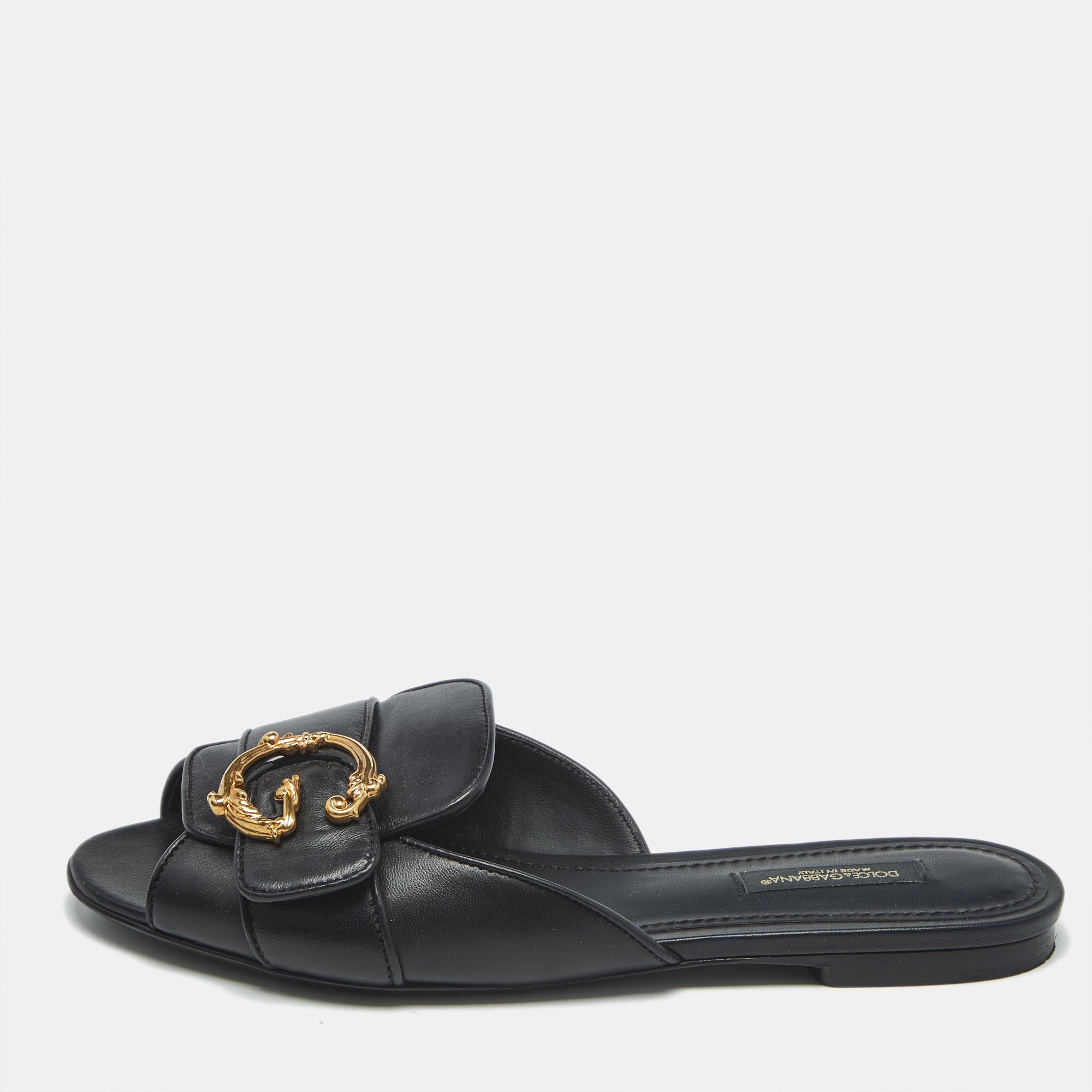 Pre-owned Dolce & Gabbana Black Leather Devotion Flat Slides Size 36.5