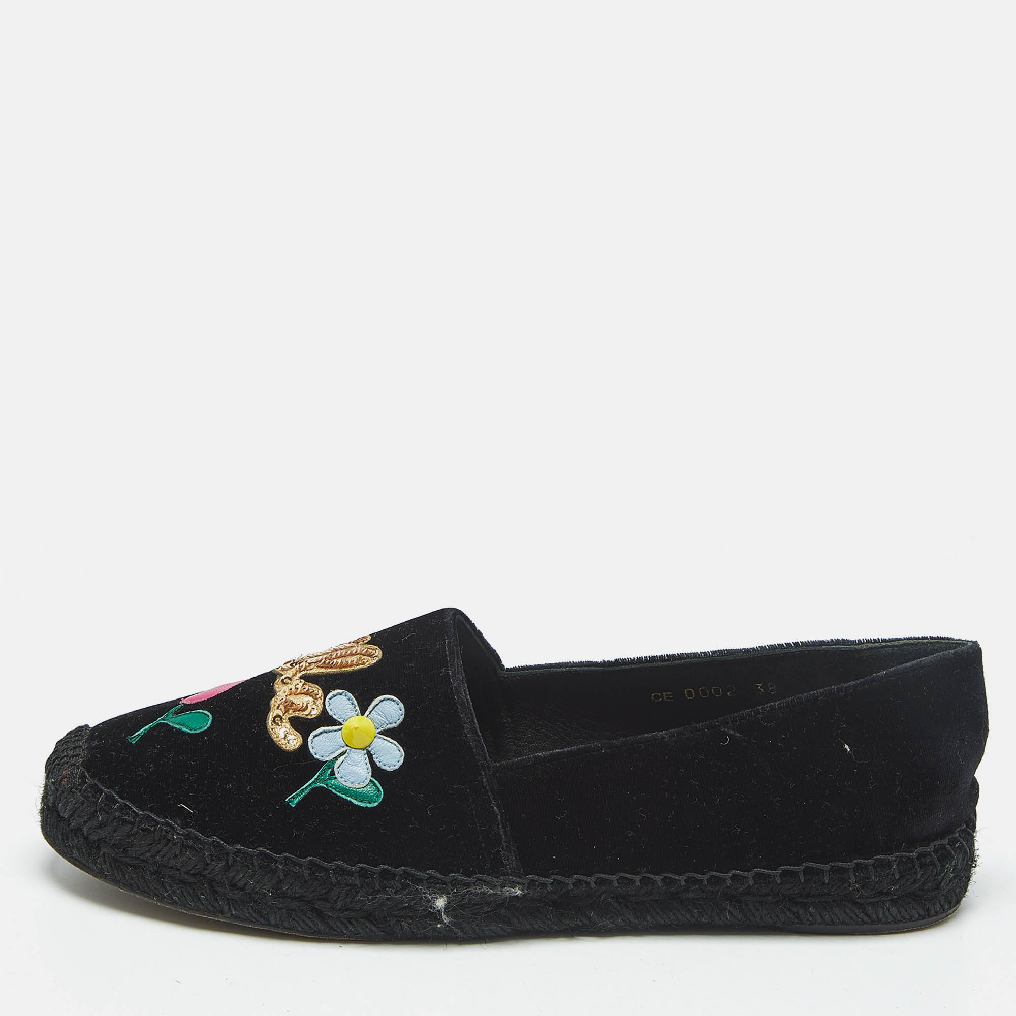 Dolce & Gabbana Black Velvet Embellished Espadrille Flats Size 38