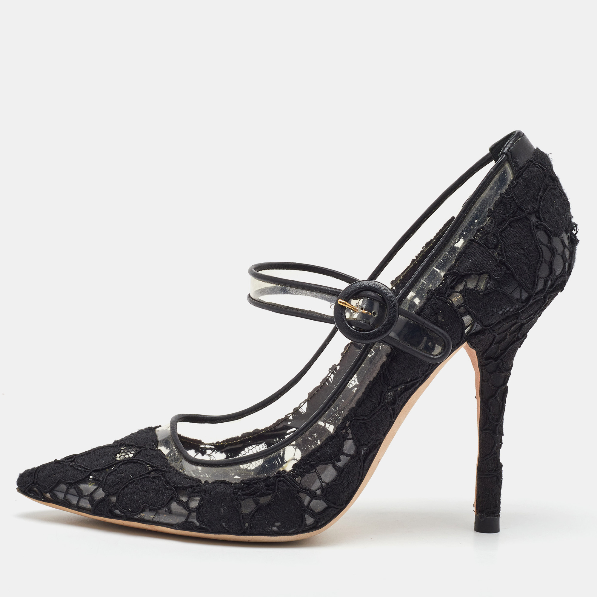 Pre-owned Dolce & Gabbana Black Lace And Pvc Mary Jane Pumps Size 38