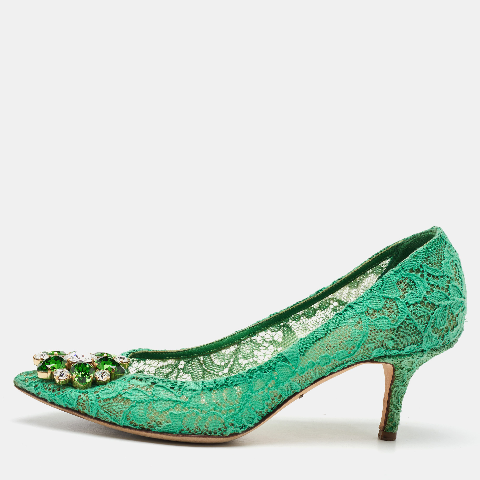 

Dolce & Gabbana Green Lace Bellucci Crystal Embellishment Pumps Size
