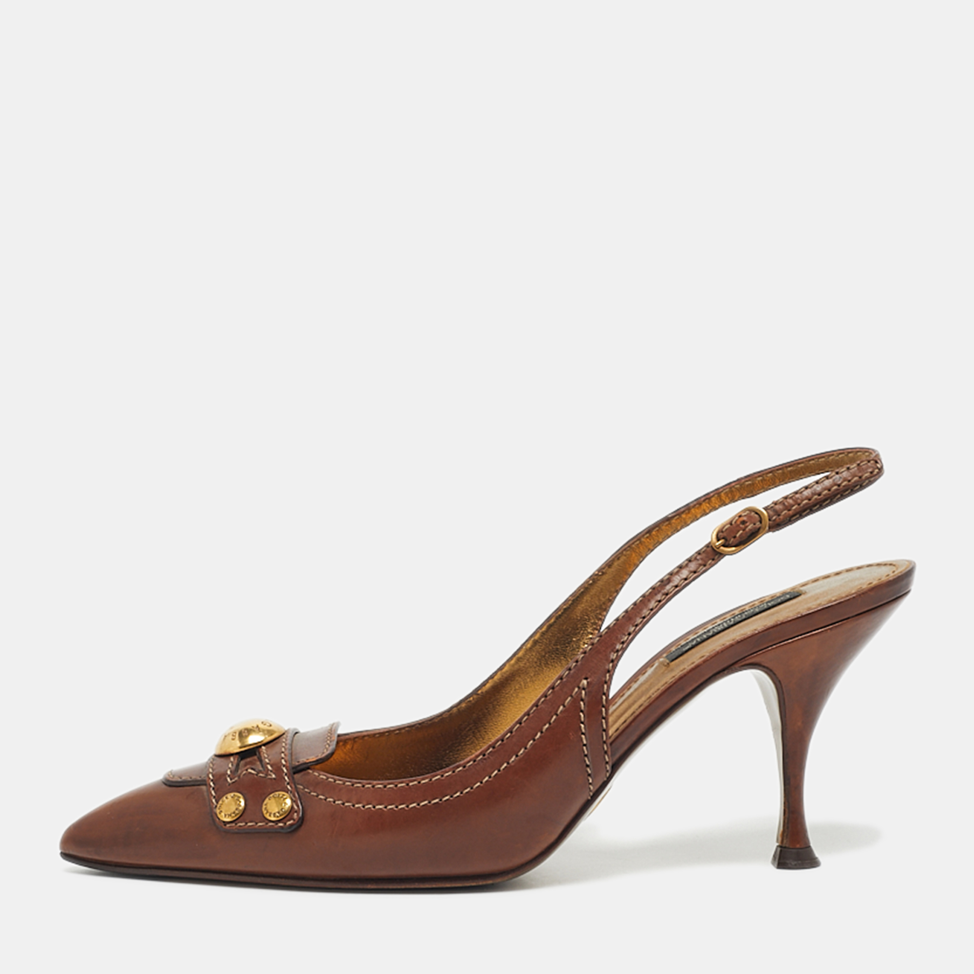 

Dolce & Gabbana Brown Leather Logo Pointed Toe Slingback Pumps Size