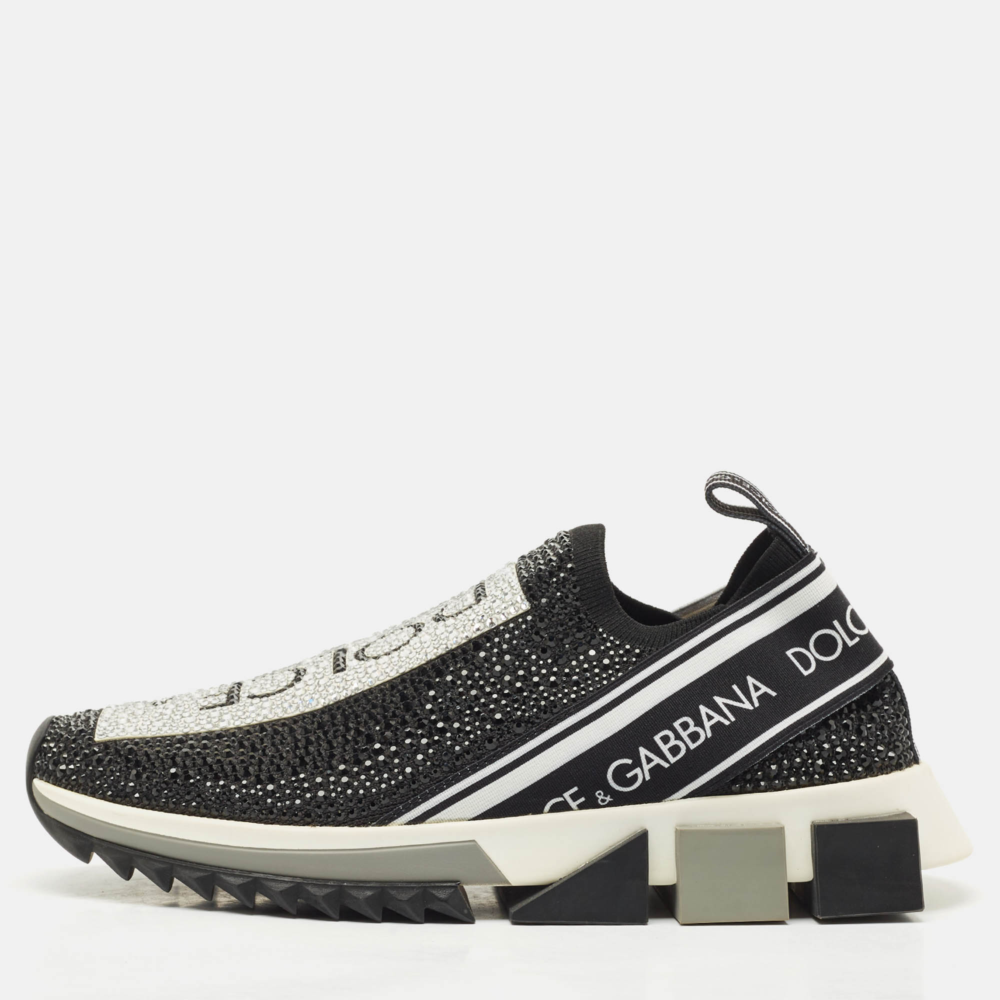 Pre-owned Dolce & Gabbana Black/white Knit Fabric Crystal Embellished Sorrento Slip On Sneakers Size 38.5