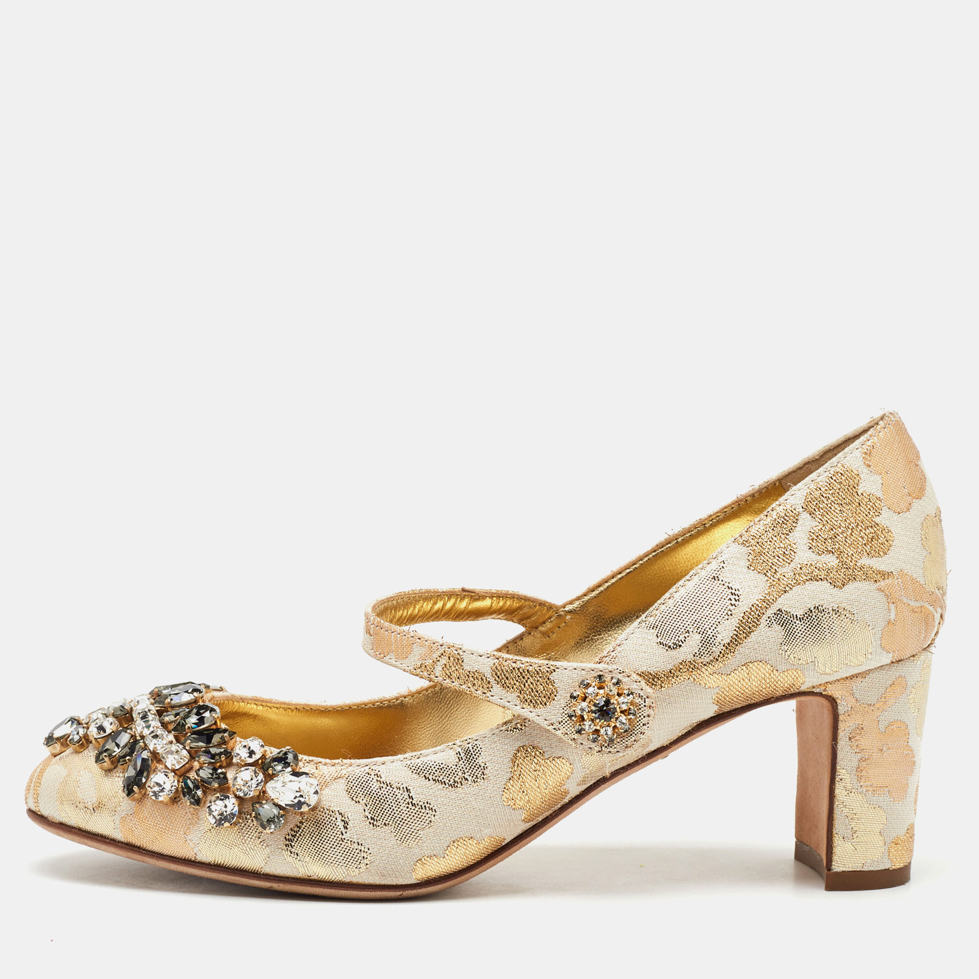 

Dolce & Gabbana Gold/White Brocade Fabric Crystal Embellished Mary Jane Pumps Size