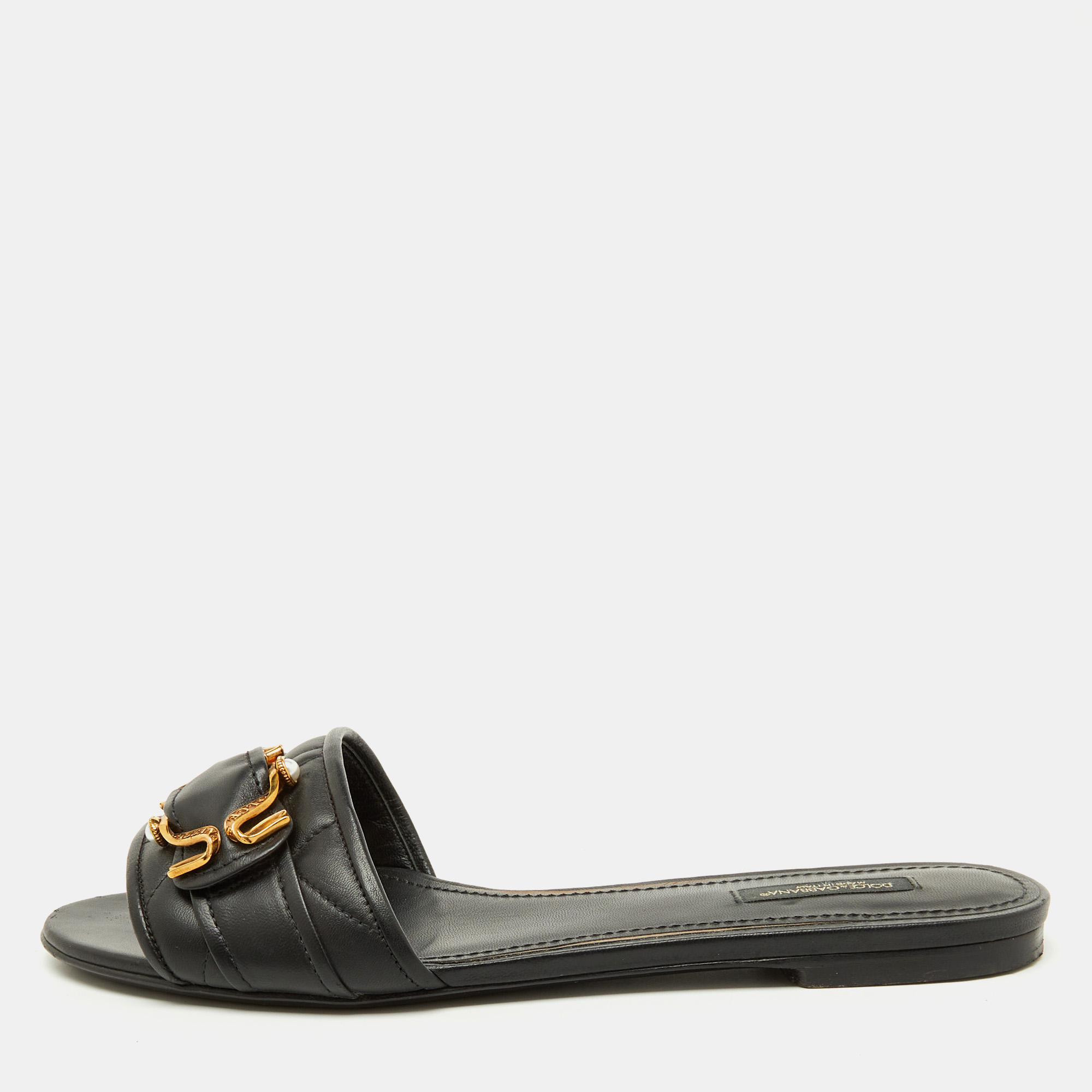 

Dolce & Gabbana Black Leather Devotion Buckle Flat Slide Sandals Size