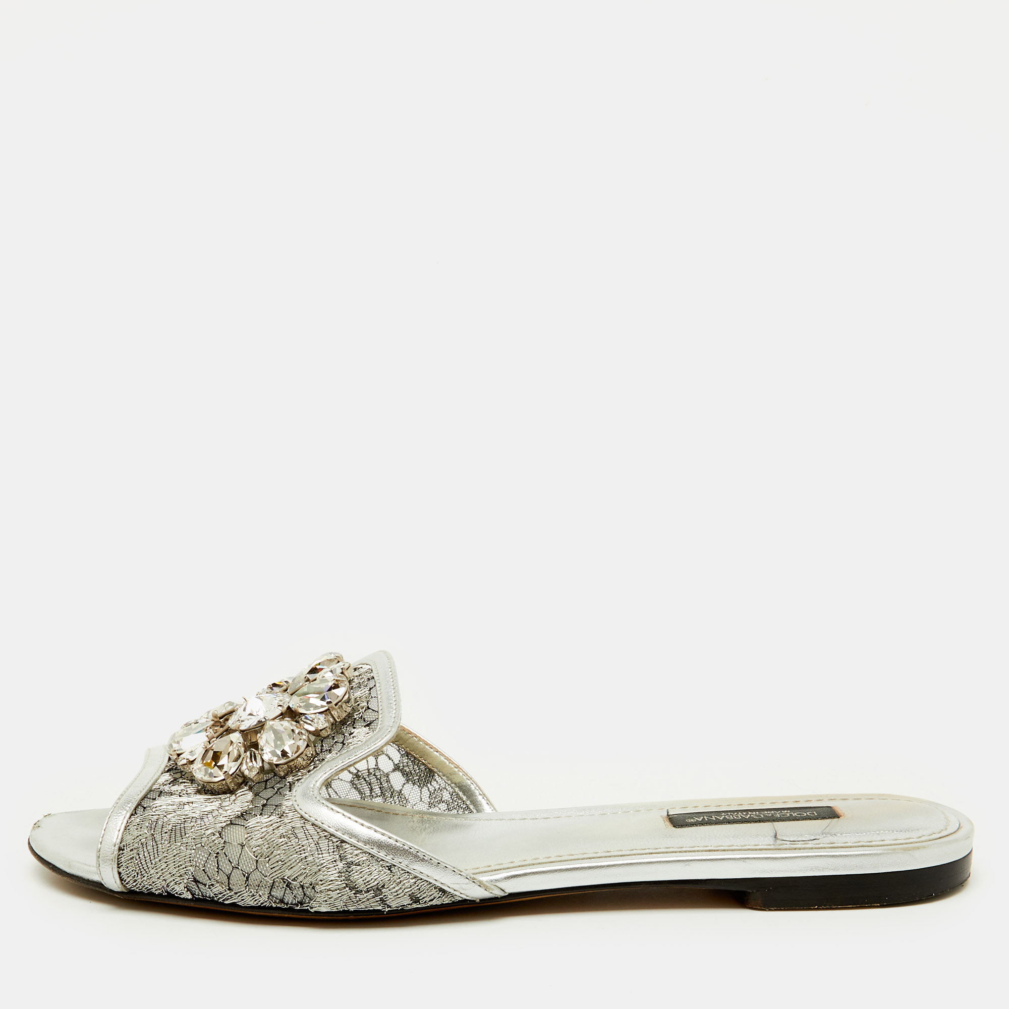 

Dolce & Gabbana Silver Mesh and Leather Flat Slides Size