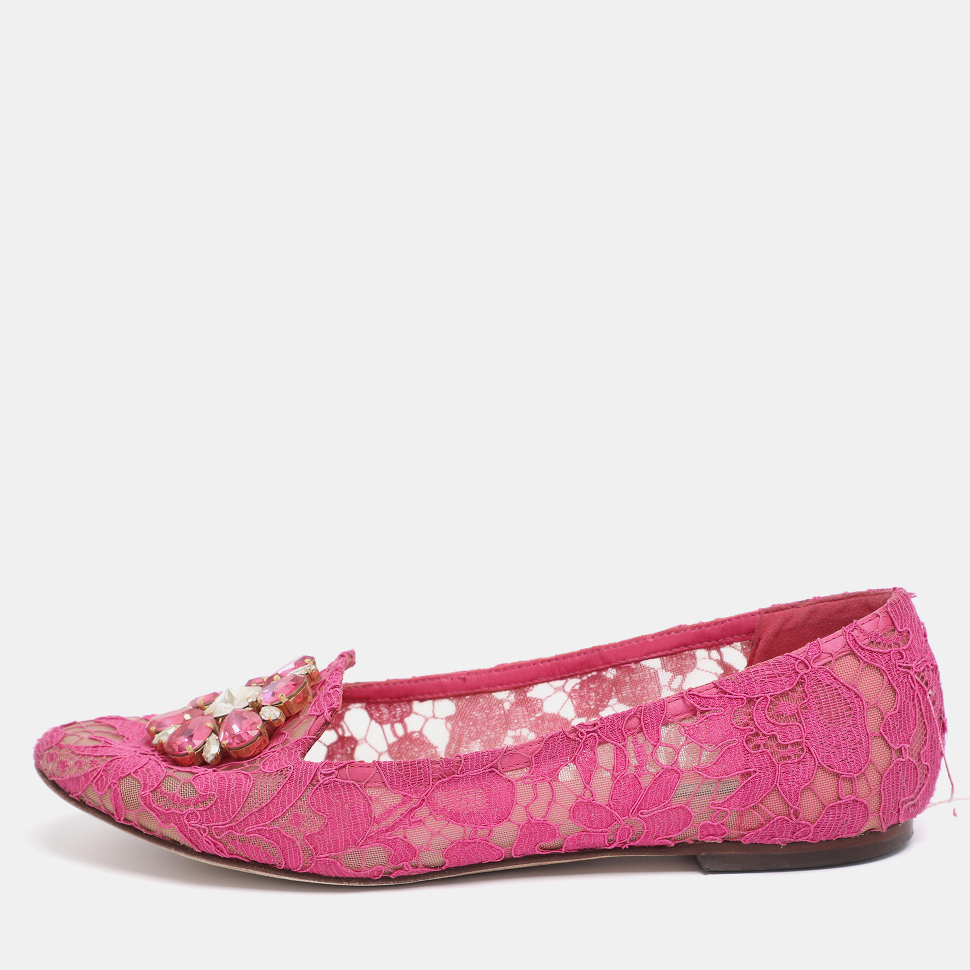 

Dolce & Gabbana Pink Lace Crystal Embellished Taormina Ballet Flats Size