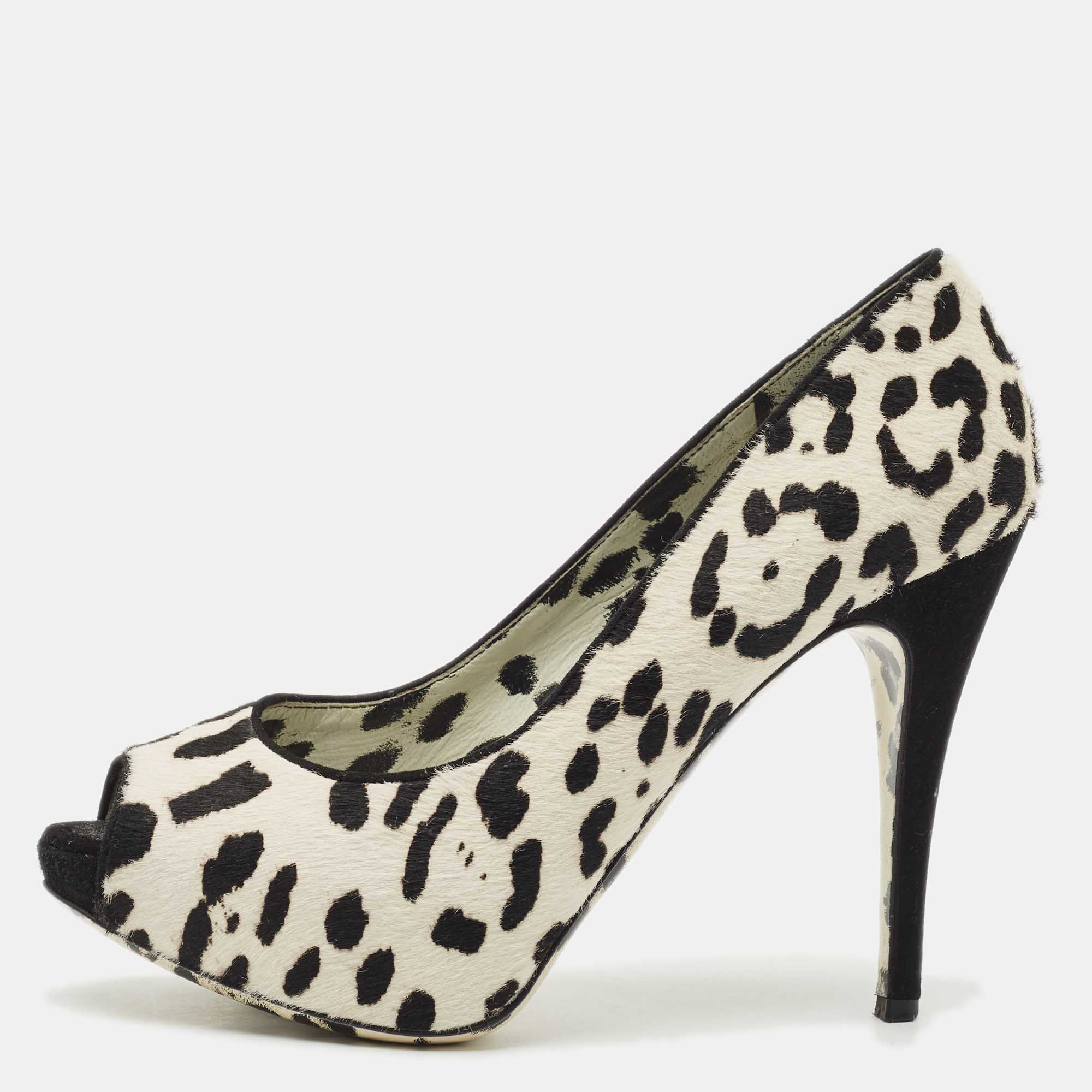 

Dolce & Gabbana Black/White Leopard Print Calfhair Peep Toe Pumps Size