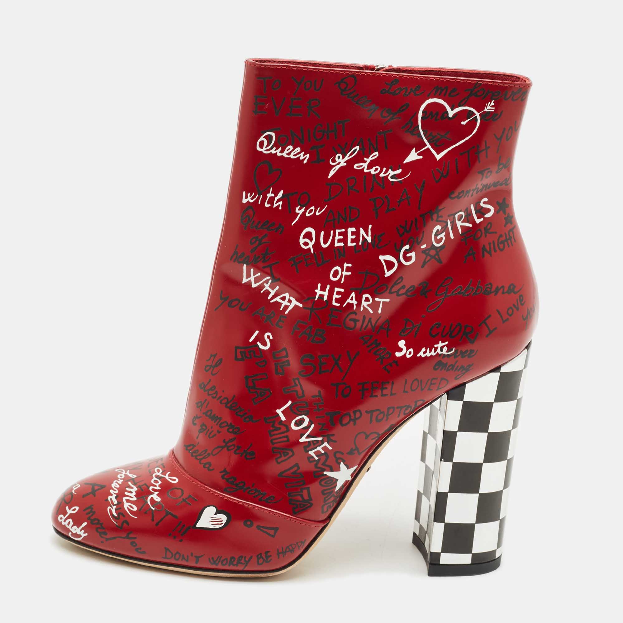 

Dolce & Gabbana Red Leather Graffiti Ankle Boots Size
