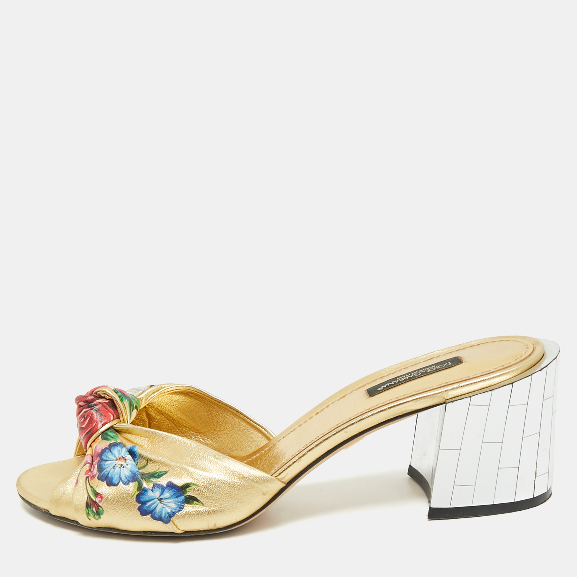 Pre-owned Dolce & Gabbana Gold Floral Print Leather Mirrored Heel Slide Sandals Size 39