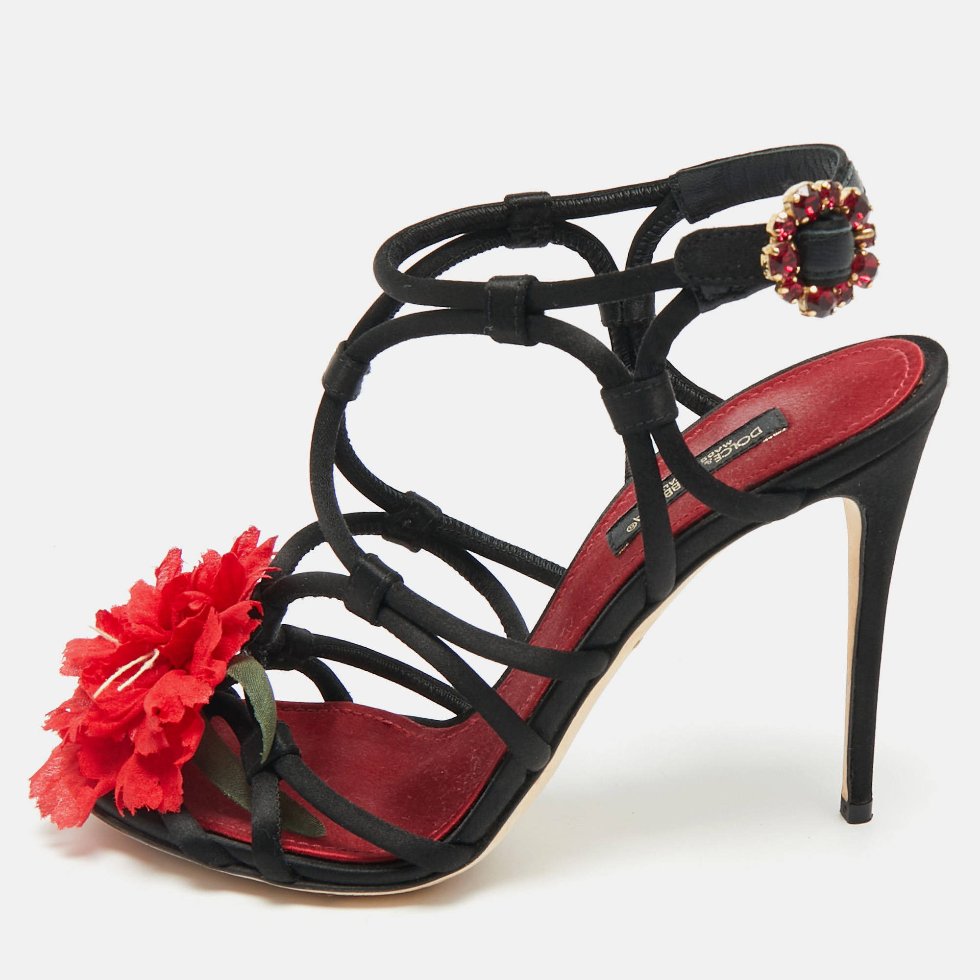 

Dolce & Gabbana Black/Red Satin Ankle Strap Sandals Size