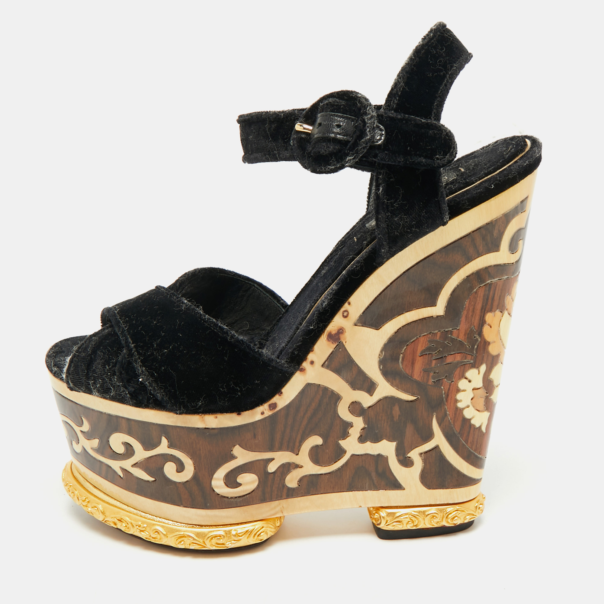 Pre-owned Dolce & Gabbana Navy Blue Velvet Ankle Strap Wedge Sandals Size 36