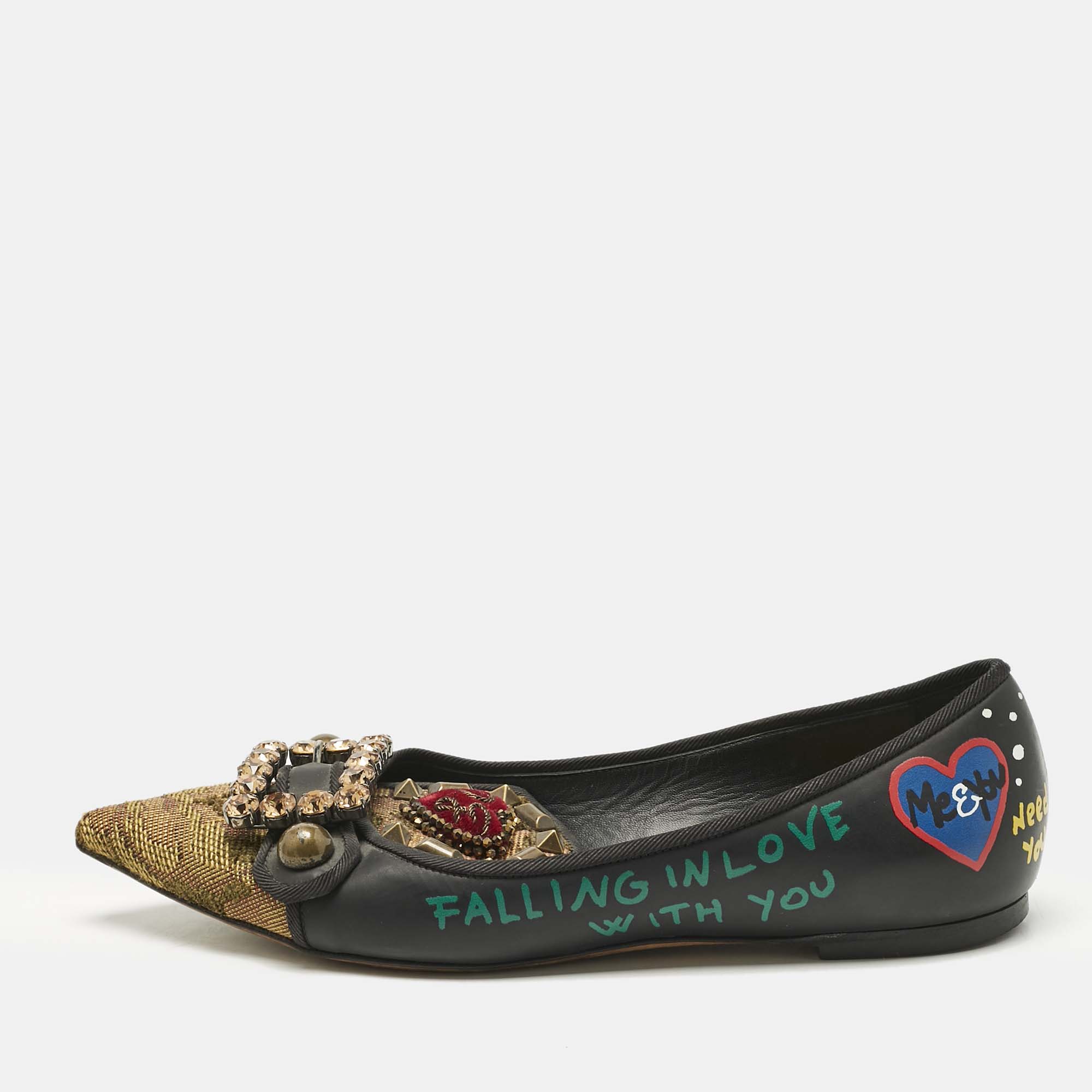 Pre-owned Dolce & Gabbana Black Canvas And Leather Crystal Embellishment Ballet Flats Size 38