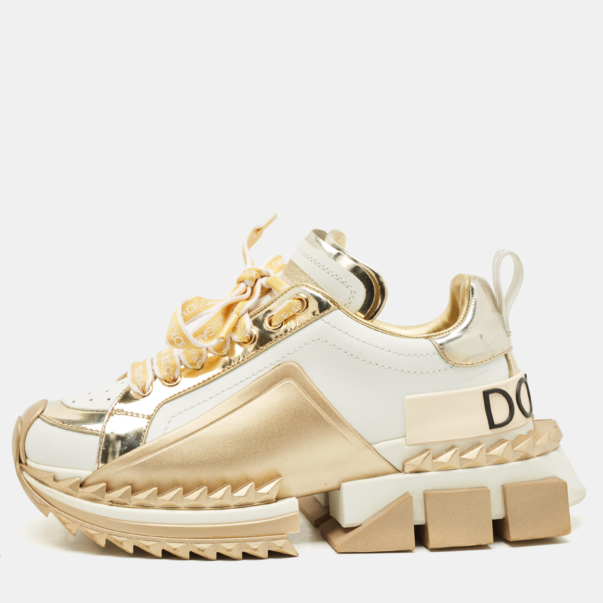 

Dolce & Gabbana White/Gold Leather Super King Lace Up Sneakers Size