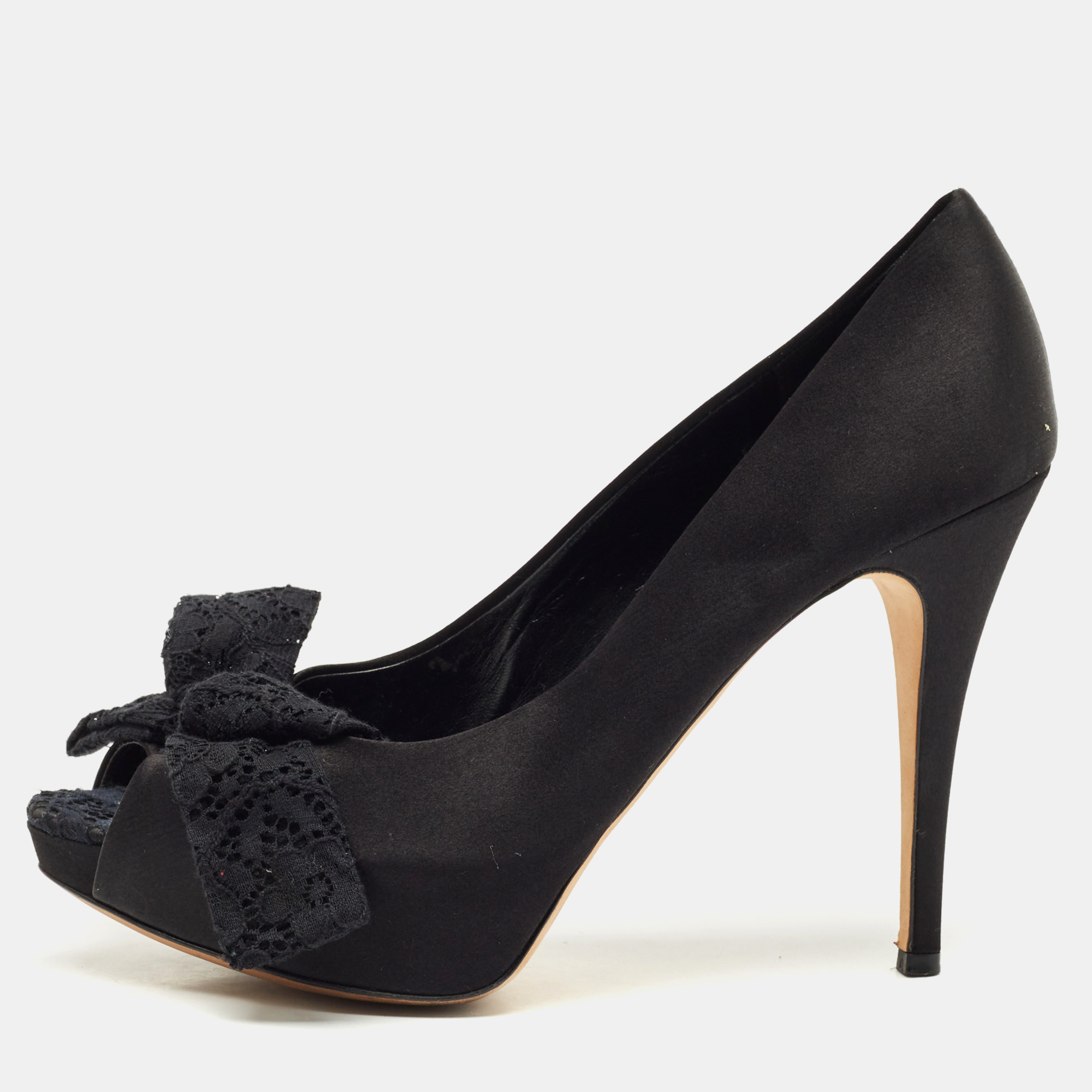 Pre-owned Dolce & Gabbana Black Lace And Mesh Peep Toe Platform Pumps Size 40