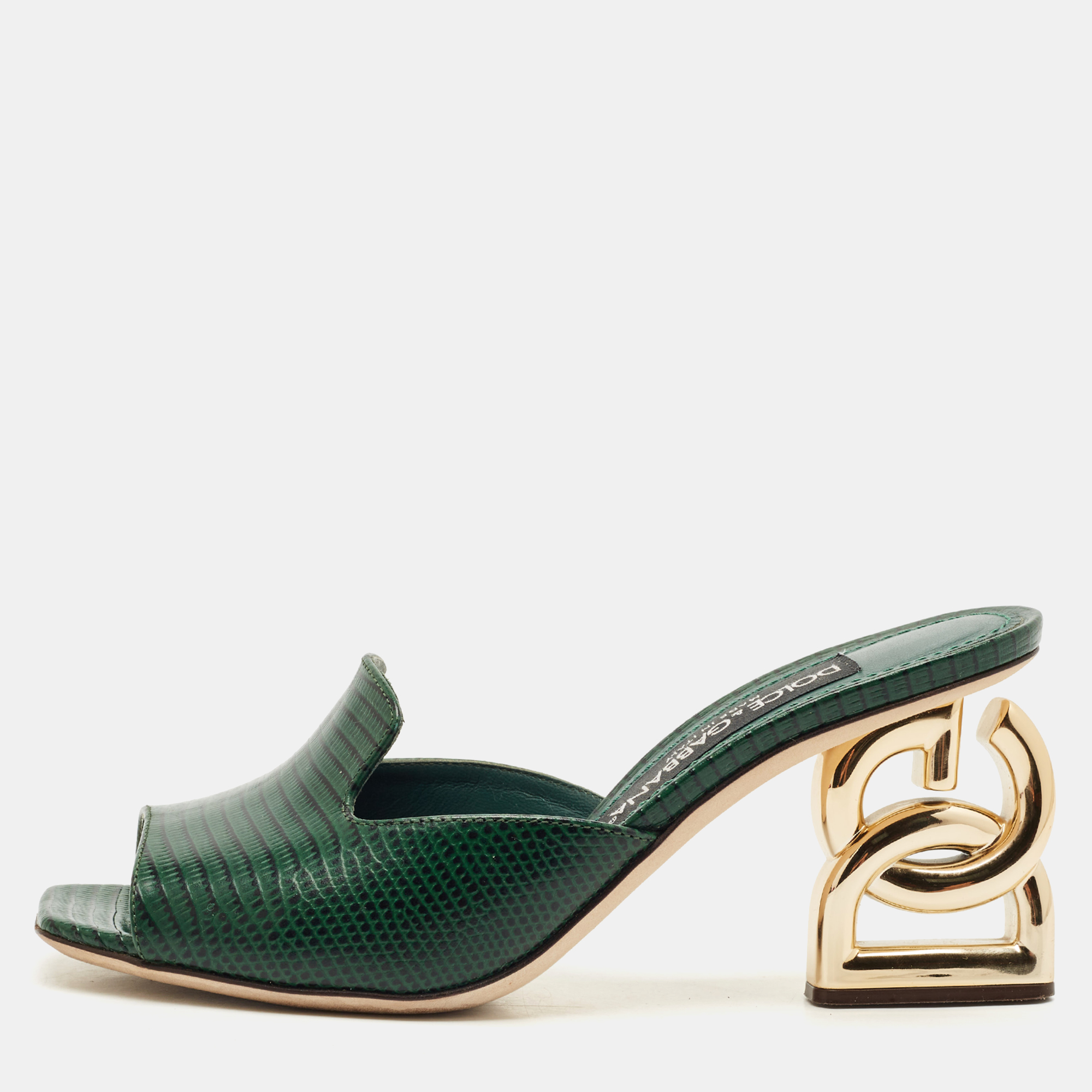 Pre-owned Dolce & Gabbana Green Lizard Embossed Leather Keira Slide Sandals Size 36