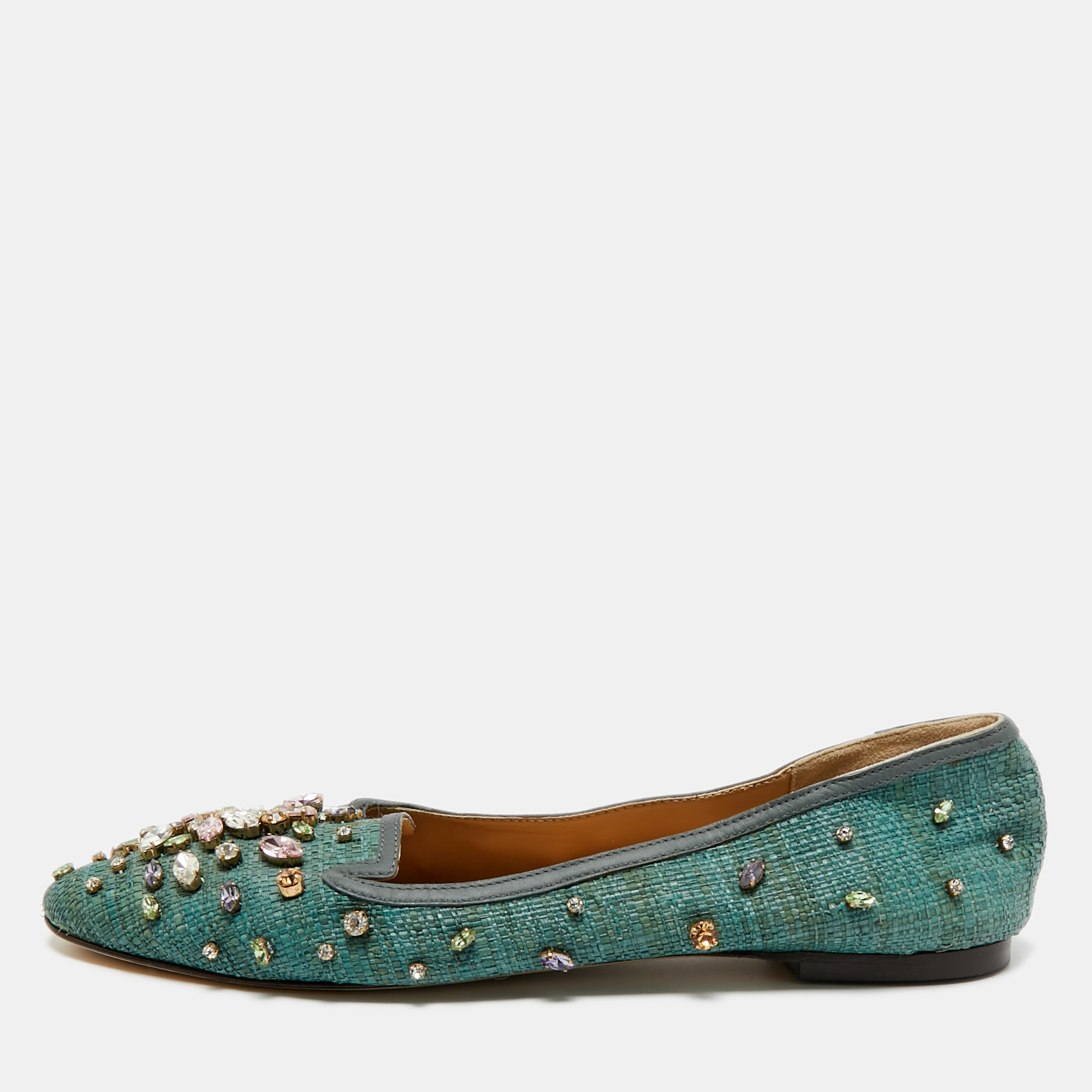 

Dolce & Gabbana Green Raffia Crystal Embellished Smoking Slippers Size