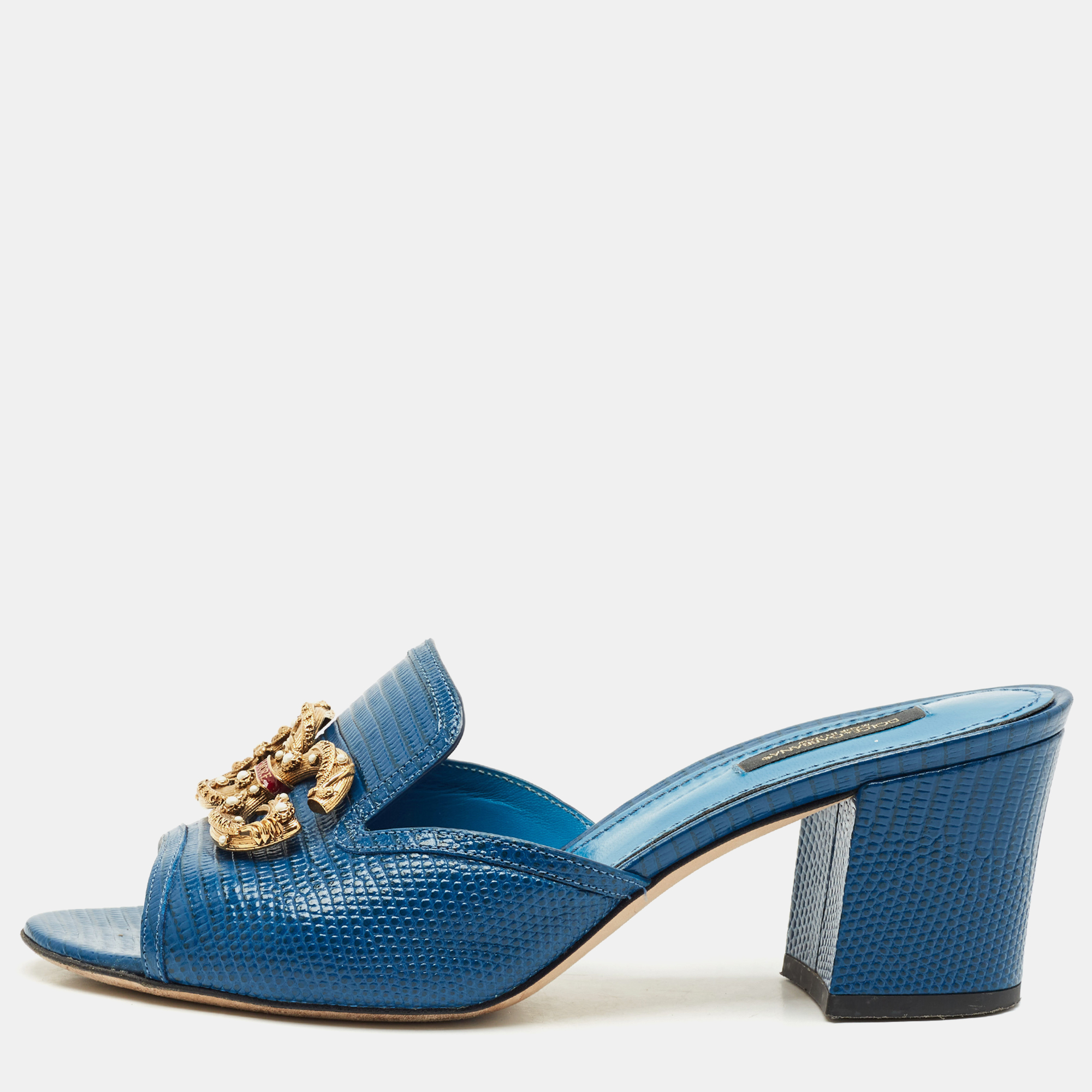 

Dolce & Gabbana Blue Lizard Embossed Leather DG Amore Slide Sandals Size