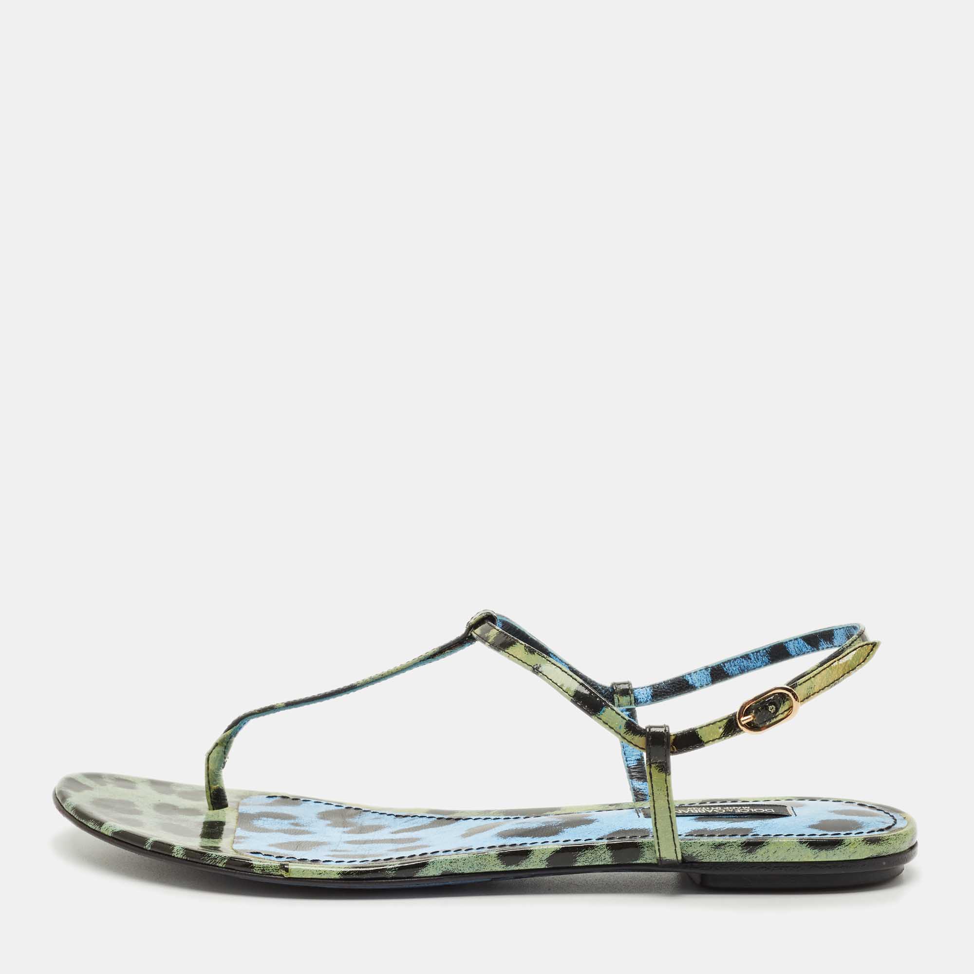 Dolce & Gabbana Green/Black Patent Leather Thong Slingback Flat Sandals Size 39