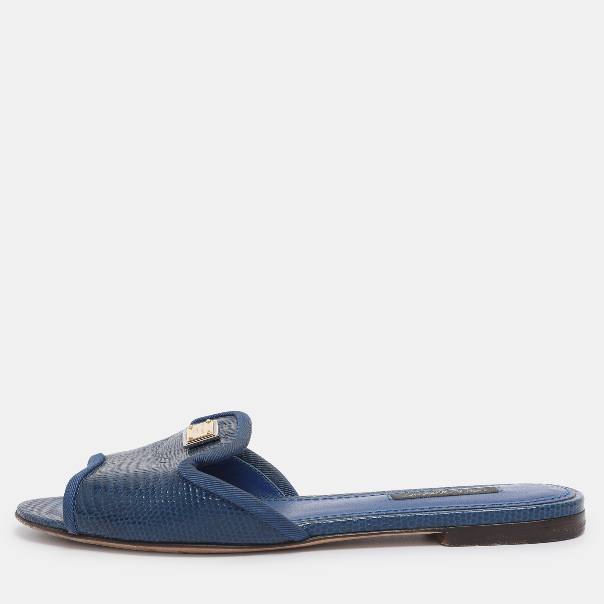 Pre-owned Dolce & Gabbana Blue Lizard Embossed Leather Sofia Slides Size 35
