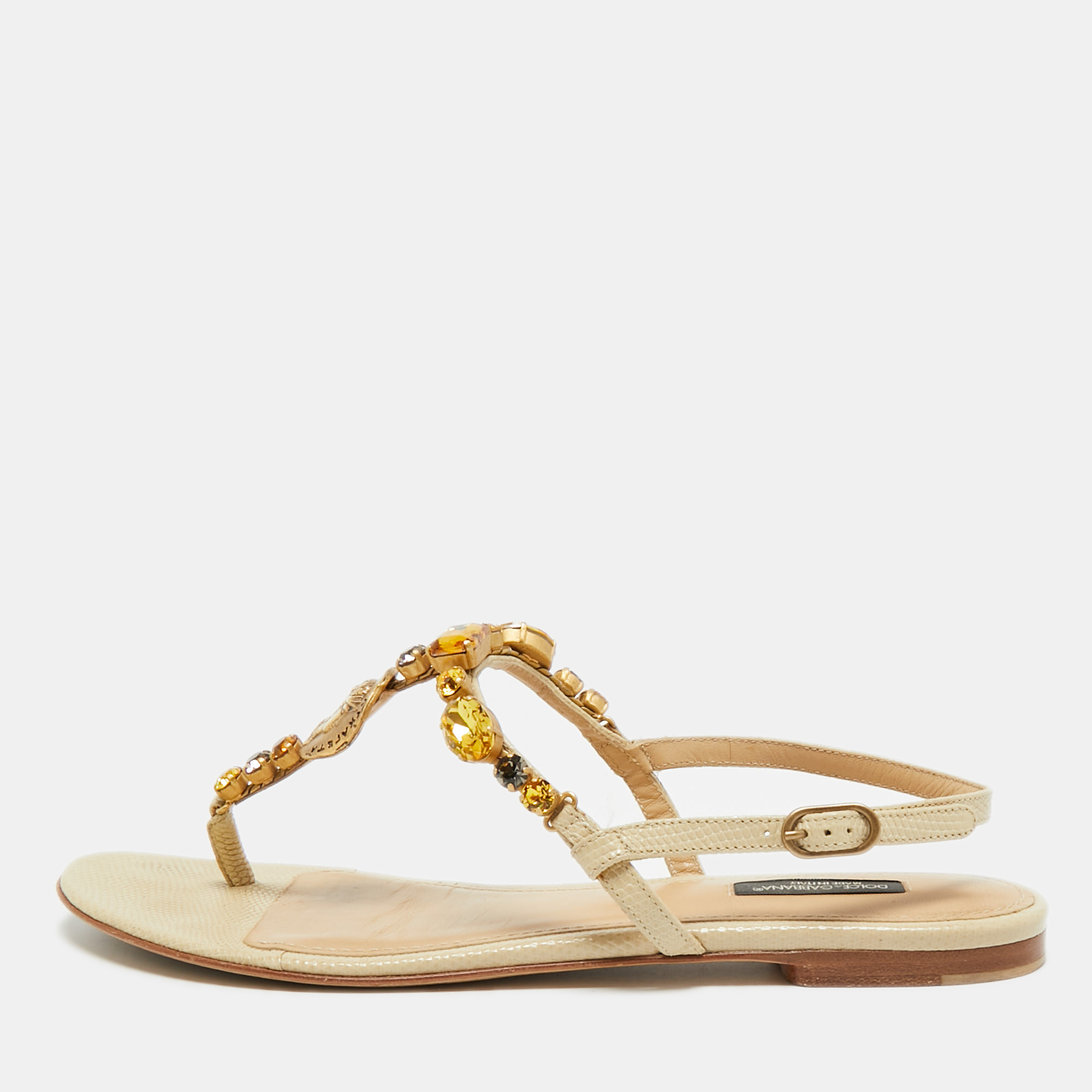 

Dolce & Gabbana Beige Lizard Embossed Leather Crystal Embellished Thong Flat Sandals Size, Cream