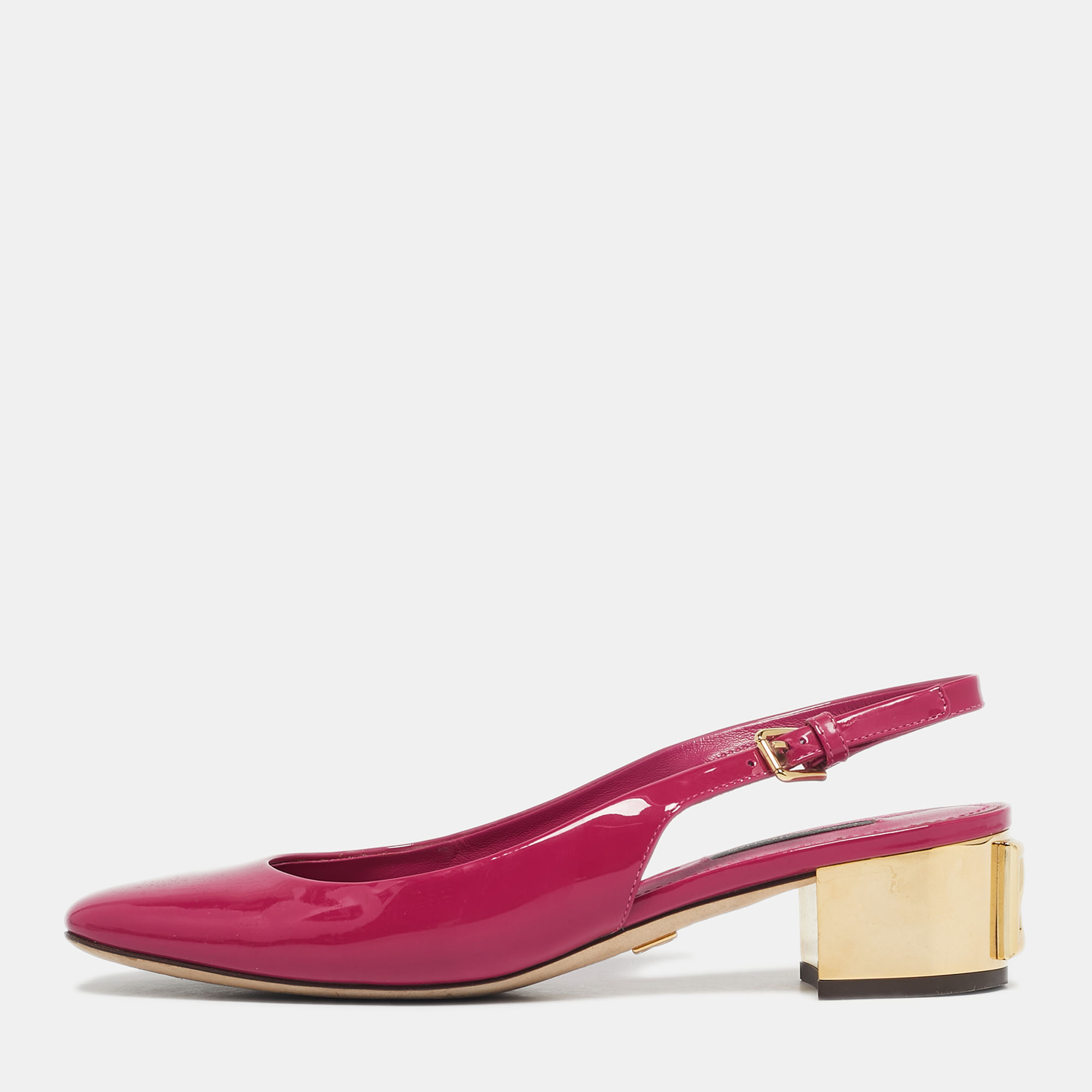 

Dolce & Gabbana Pink Patent Leather DG Block Heel Slingback Pumps Size
